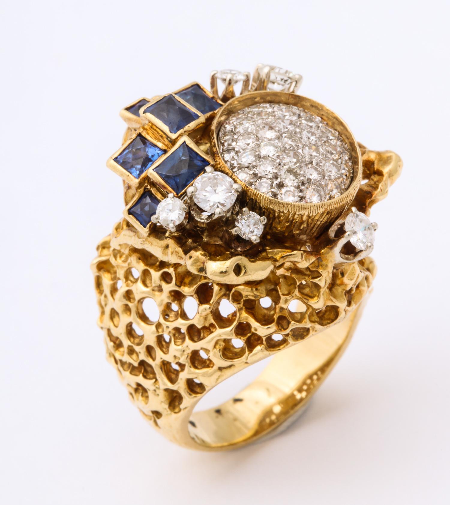 1970s Freeform Design French Cut Sapphires with Diamonds Gold Cocktail Ring 7