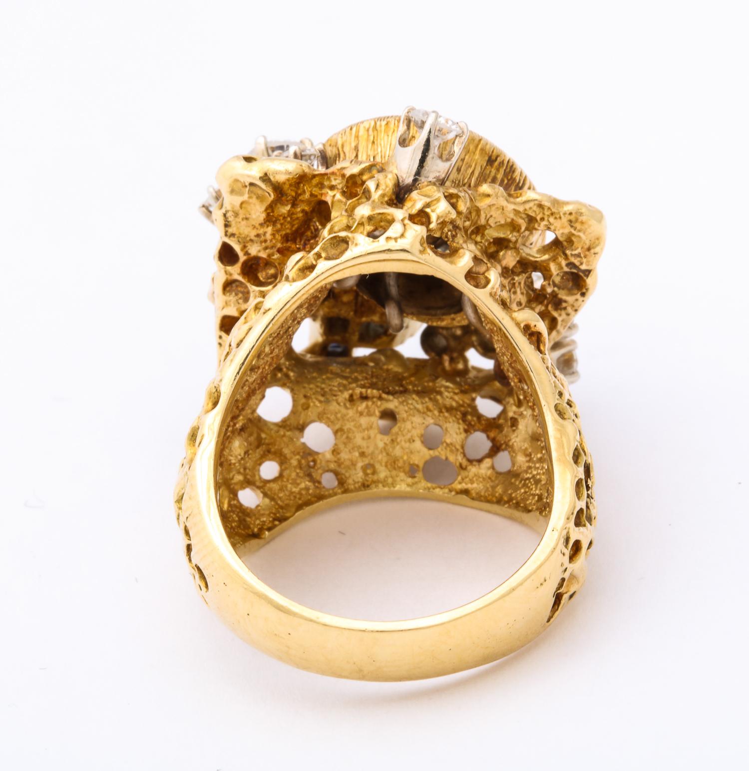 1970s Freeform Design French Cut Sapphires with Diamonds Gold Cocktail Ring 8