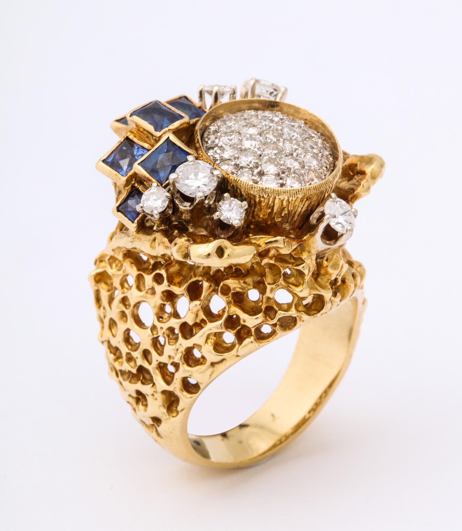 One Ladies 18kt Yellow Gold Free Form Design Cocktail Ring Composed Of An Open Crater Effect Mounting And Embellished With Numerous Full Cut Diamonds Weighing Approximately 2.40 Cts Total Weight. This Ring From The 1970's Is Also Designed With Six