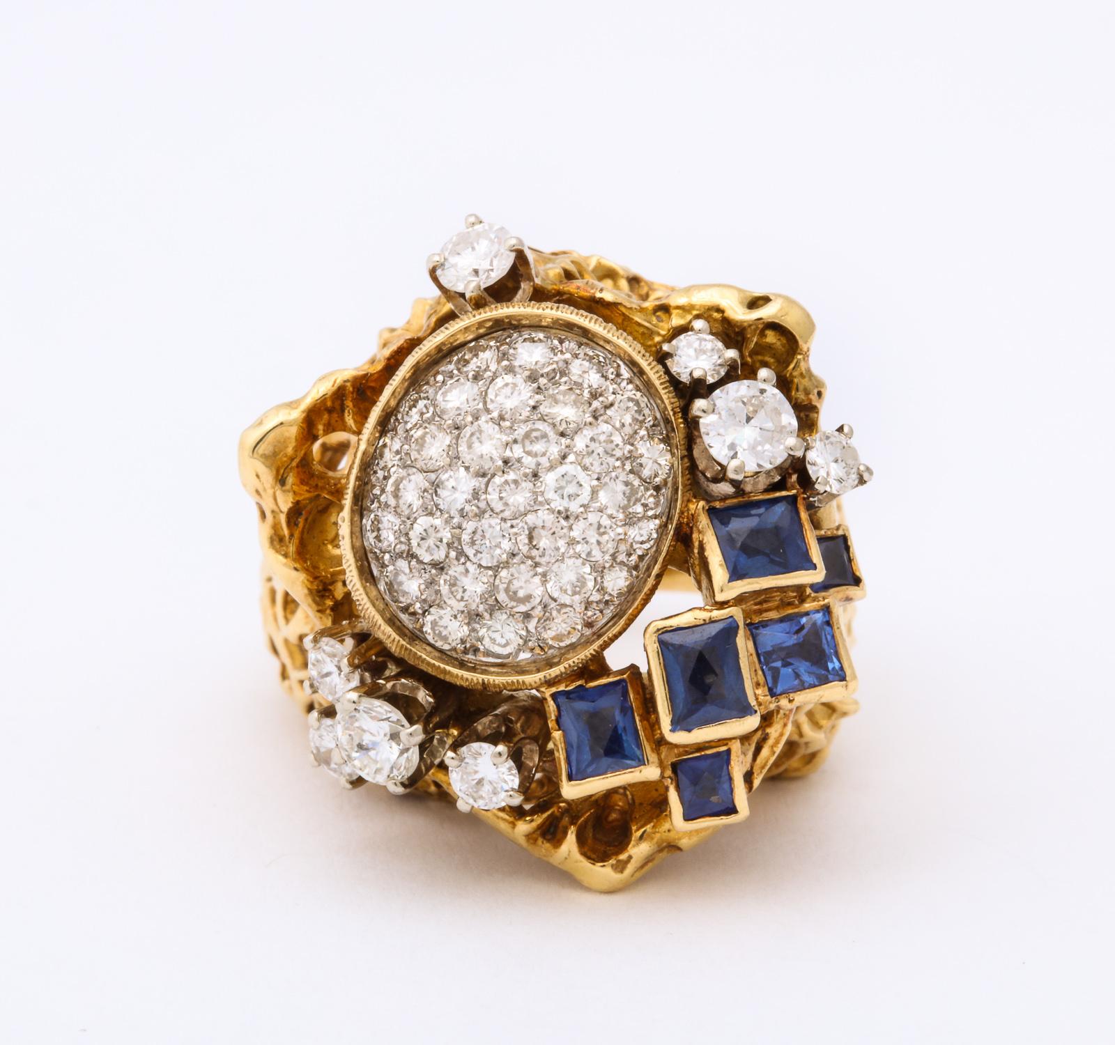 1970s Freeform Design French Cut Sapphires with Diamonds Gold Cocktail Ring In Good Condition In New York, NY
