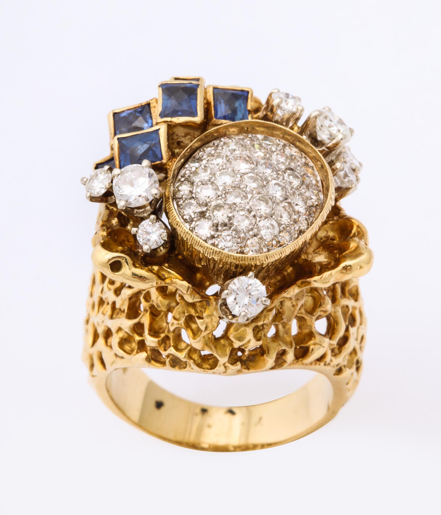 Women's 1970s Freeform Design French Cut Sapphires with Diamonds Gold Cocktail Ring