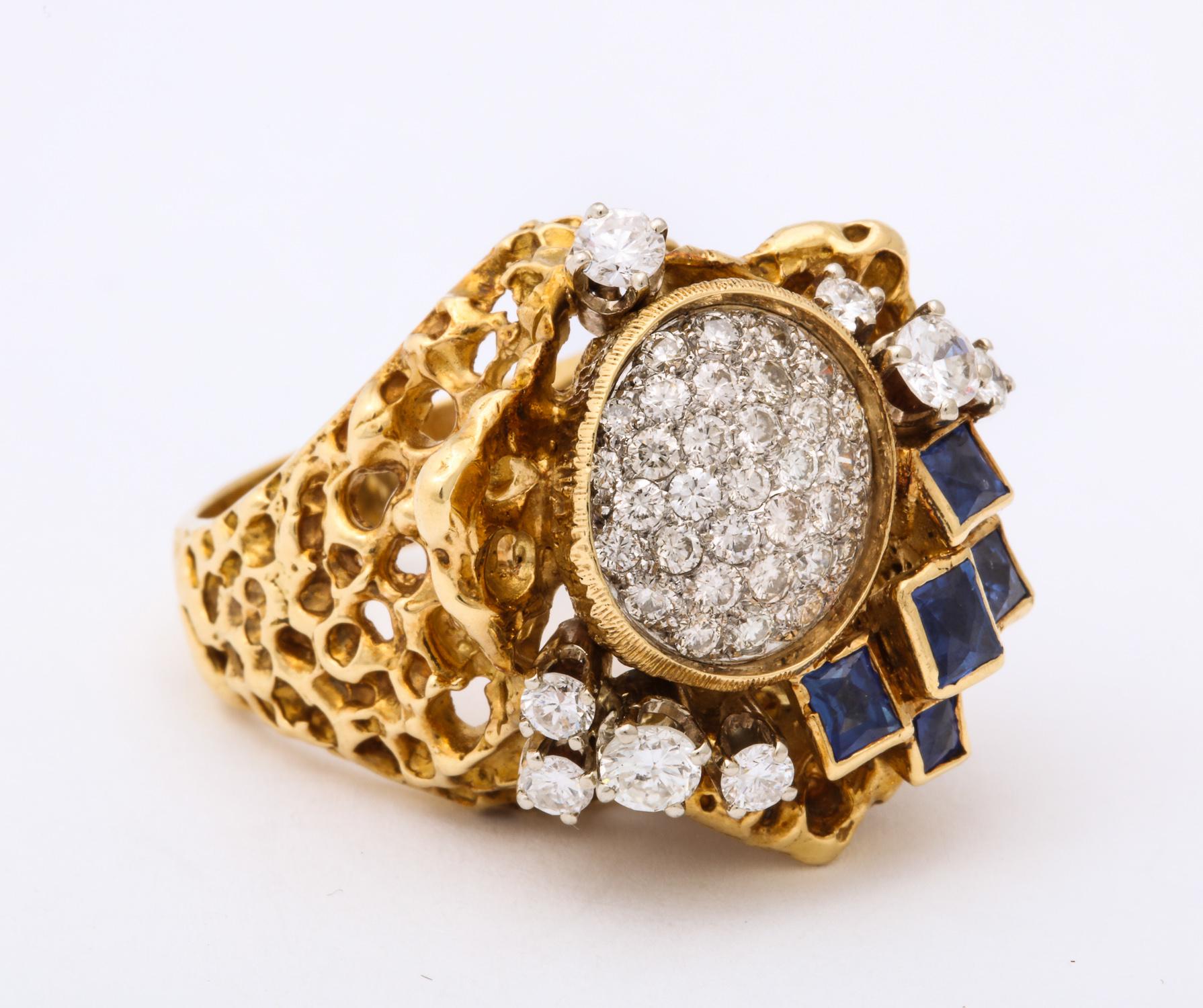 1970s Freeform Design French Cut Sapphires with Diamonds Gold Cocktail Ring 1