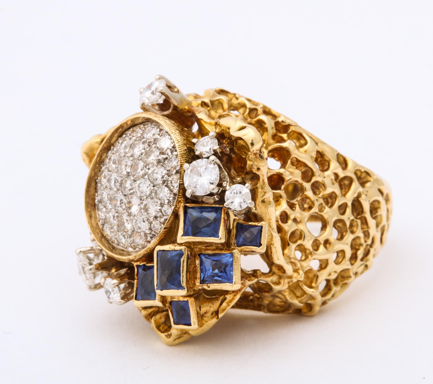 1970s Freeform Design French Cut Sapphires with Diamonds Gold Cocktail Ring 2