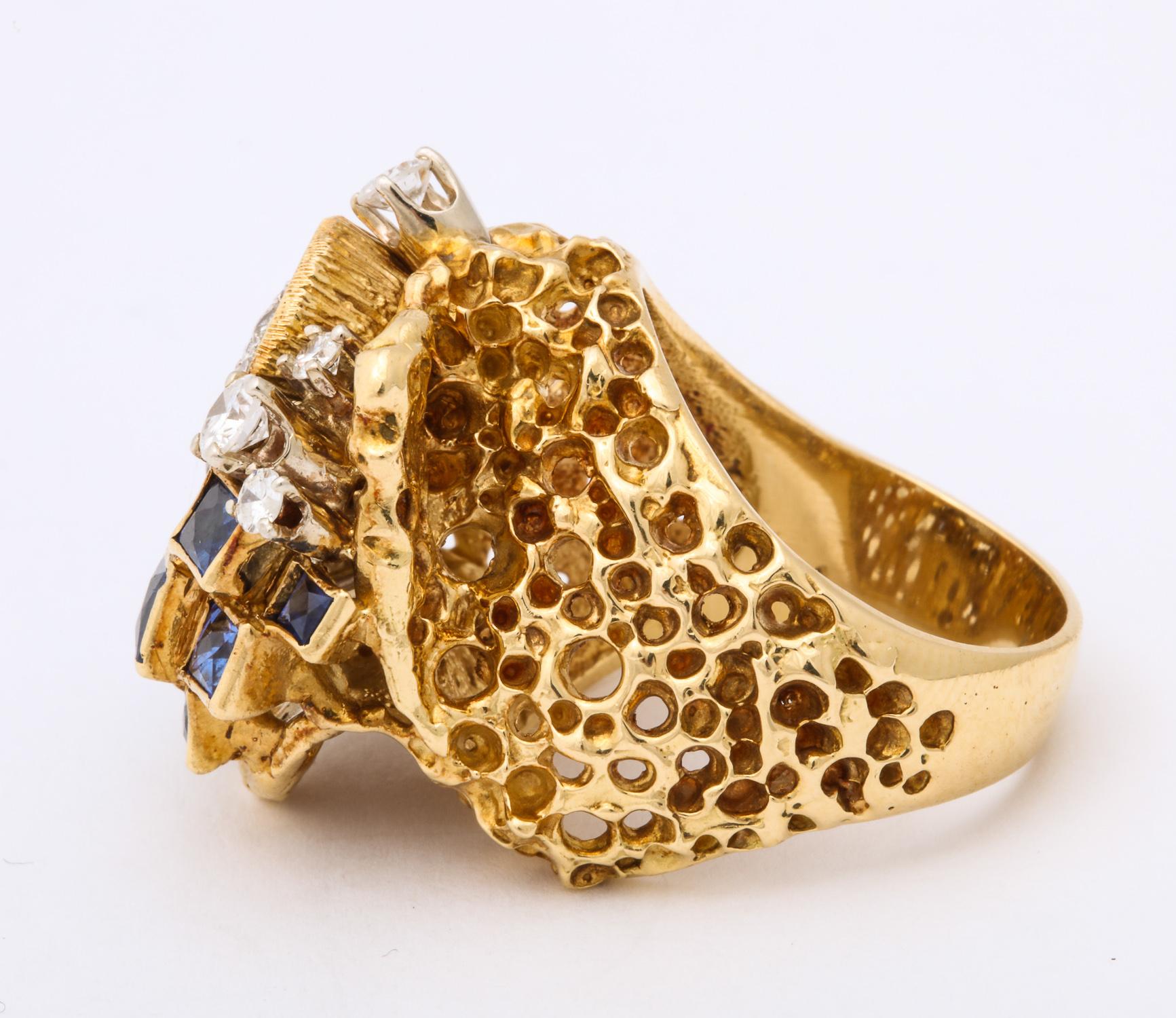 1970s Freeform Design French Cut Sapphires with Diamonds Gold Cocktail Ring 3