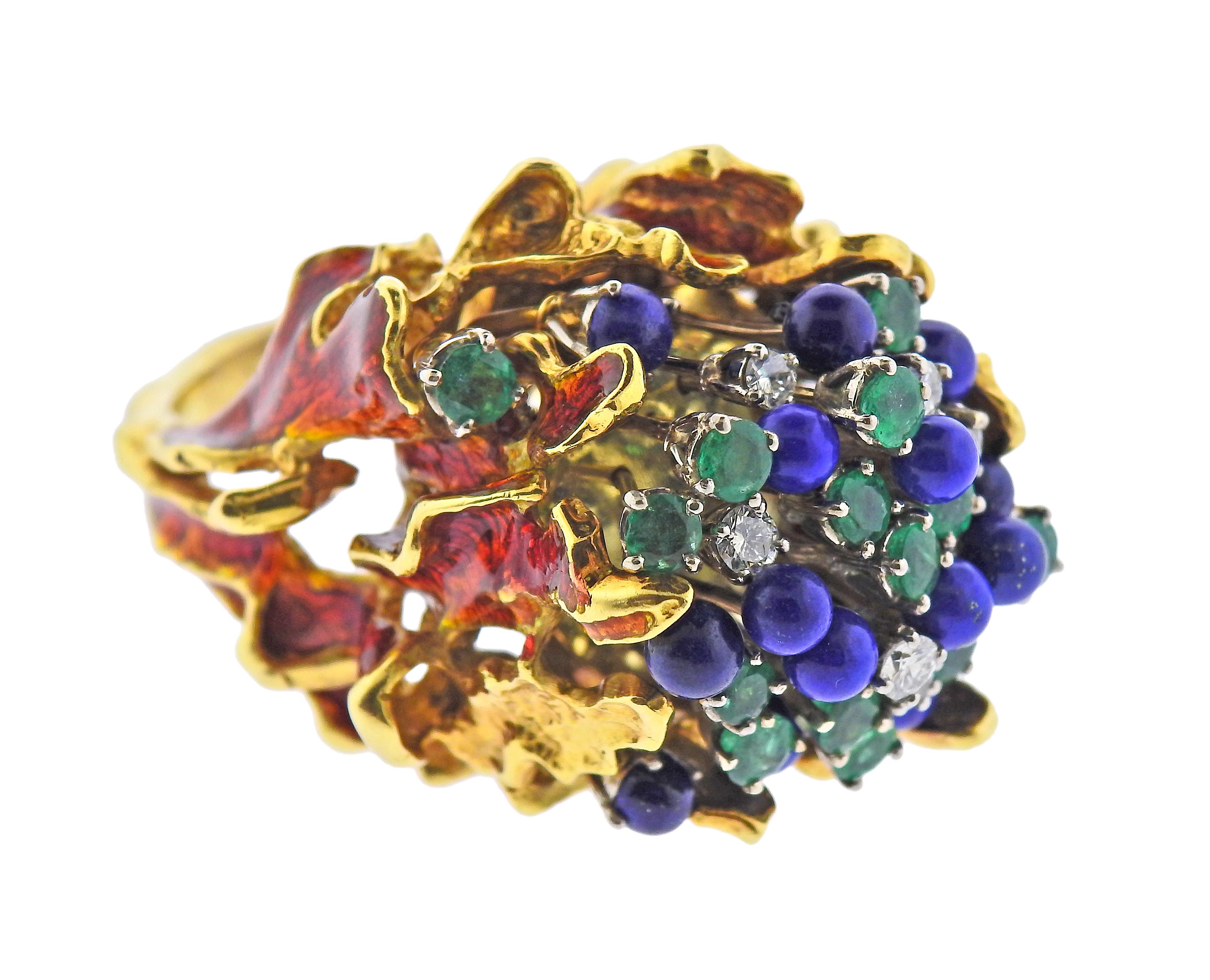1970s large free form cocktail ring, set with lapis, emeralds and approx.0.60ctw in diamonds, decorated with enamel, 18k gold. Ring size 7.25, ring top is 30mm x 32mm, sits approx. 28mm from the finger. Marked GB 18k, Italy. Weight - 58.3 grams.