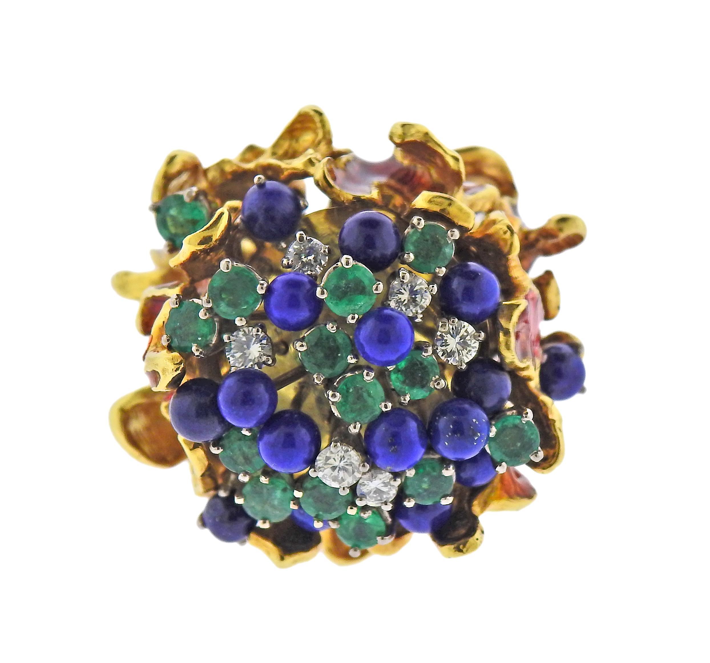 Taille ronde 1970 Freeform Lapis Emerald Diamond Enamel Gold Ring (bague en or) en vente
