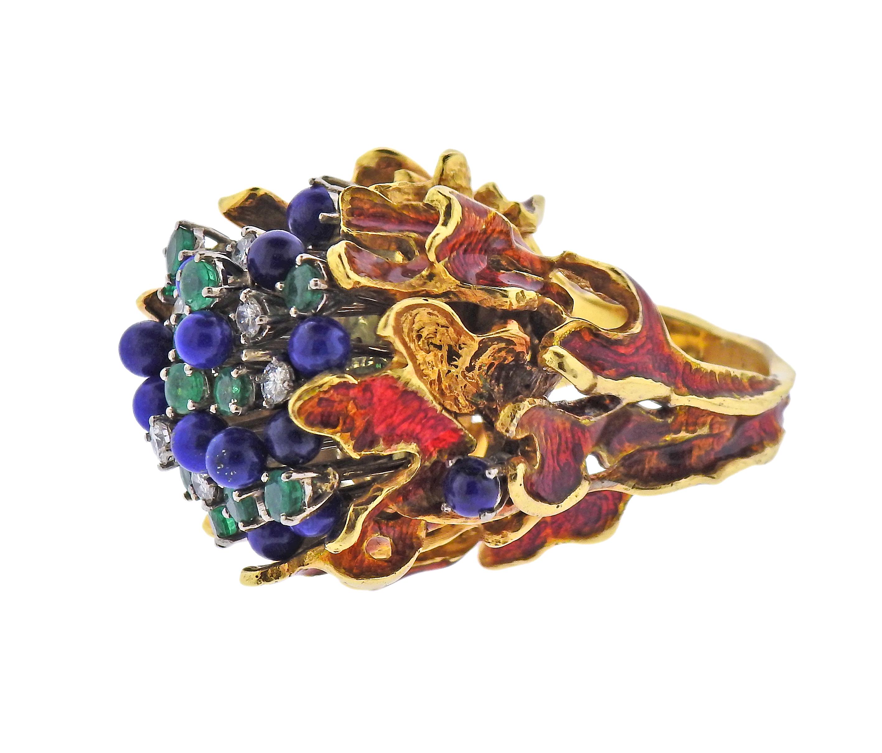 Anello in oro a forma libera di lapis smeraldo diamante smalto degli anni '70 In condizioni ottime in vendita a New York, NY