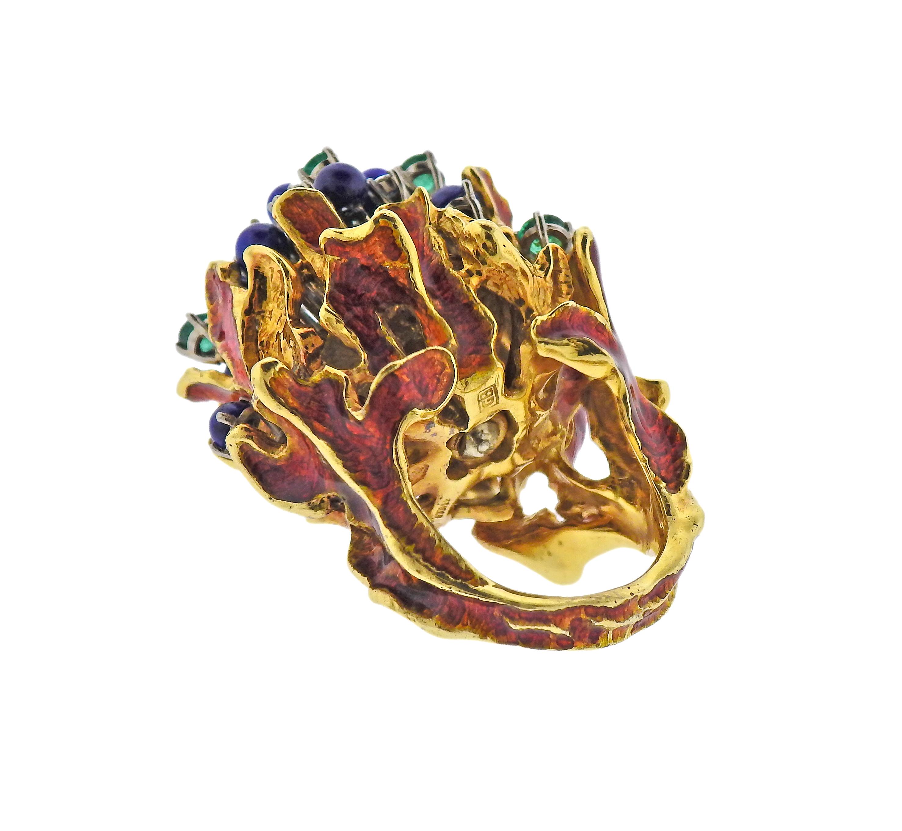 1970 Freeform Lapis Emerald Diamond Enamel Gold Ring (bague en or) Pour femmes en vente