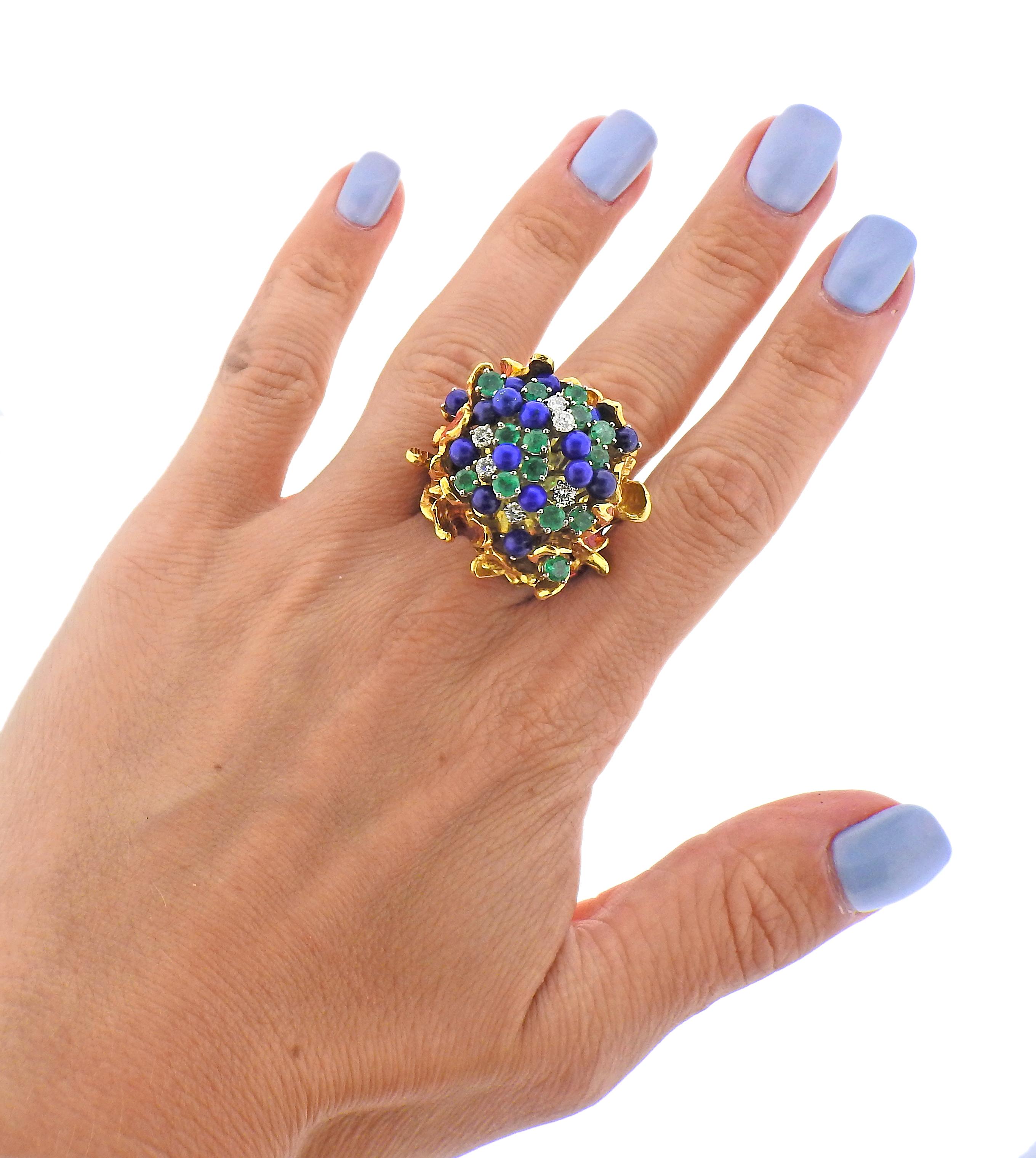 1970s Freeform Lapis Emerald Diamond Enamel Gold Ring For Sale 1