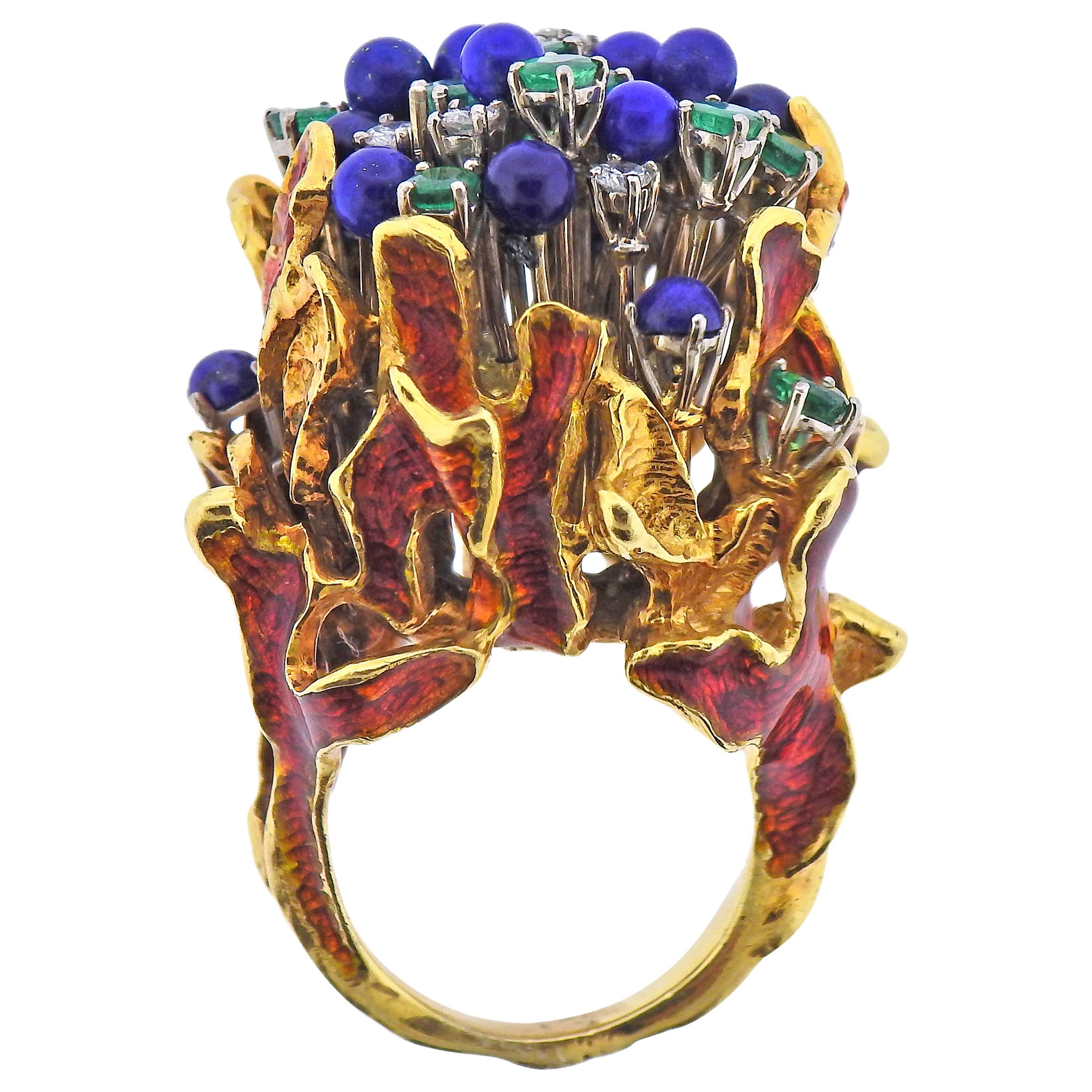 1970s Freeform Lapis Emerald Diamond Enamel Gold Ring For Sale