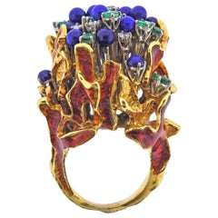 1970s Freeform Lapis Emerald Diamond Enamel Gold Ring