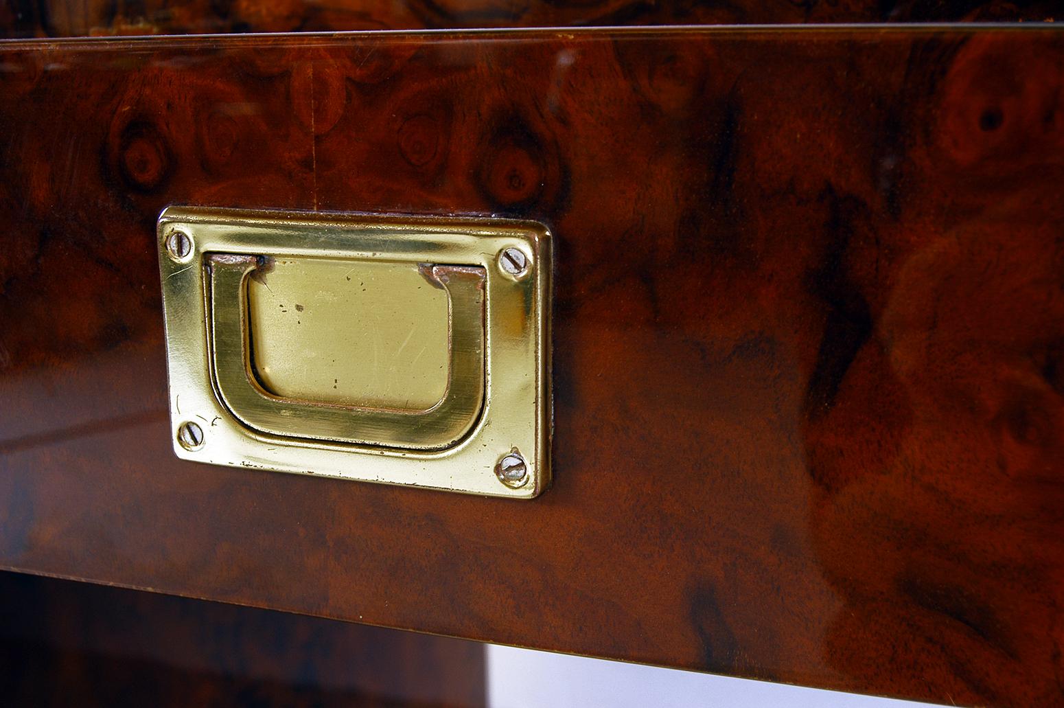 1970s Freestanding Brass and Lacquered Burr Walnut Desk by Jean Claude Mahey 4