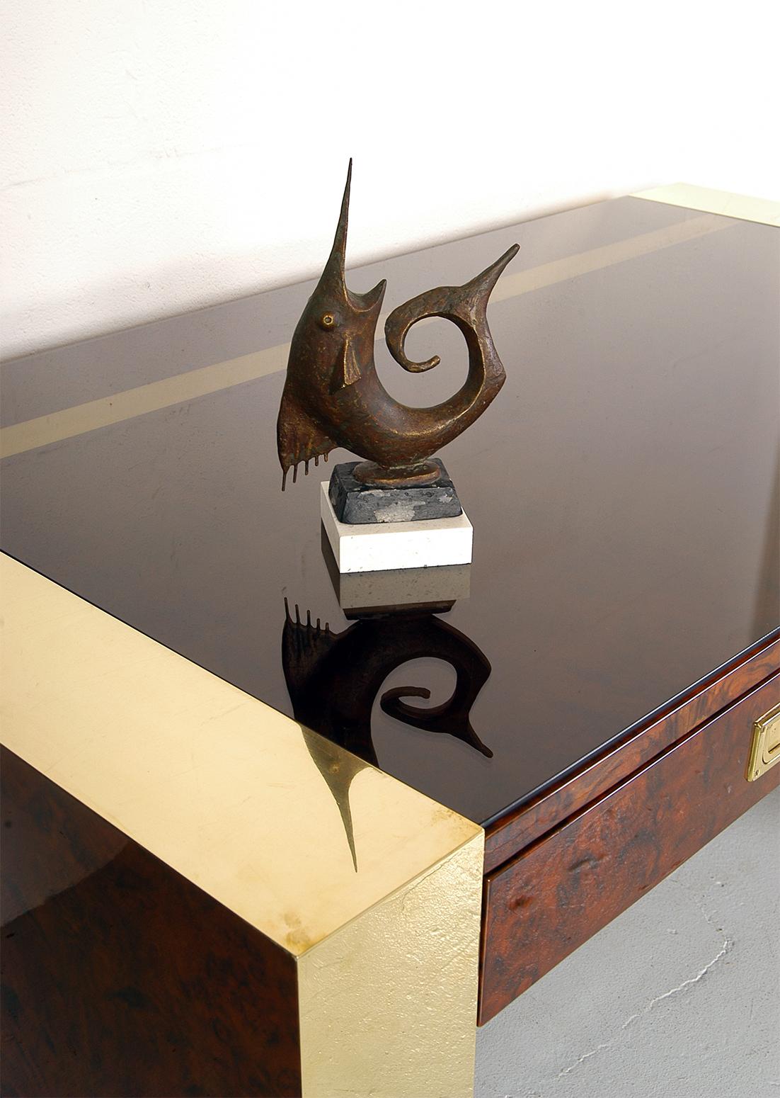 1970s Freestanding Brass and Lacquered Burr Walnut Desk by Jean Claude Mahey 6