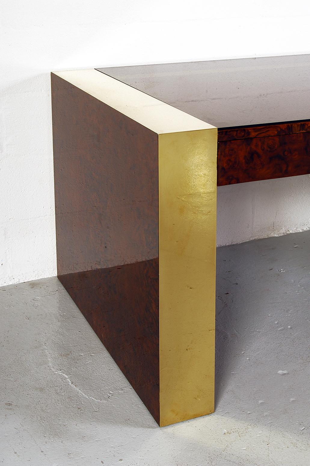 1970s Freestanding Brass and Lacquered Burr Walnut Desk by Jean Claude Mahey 7