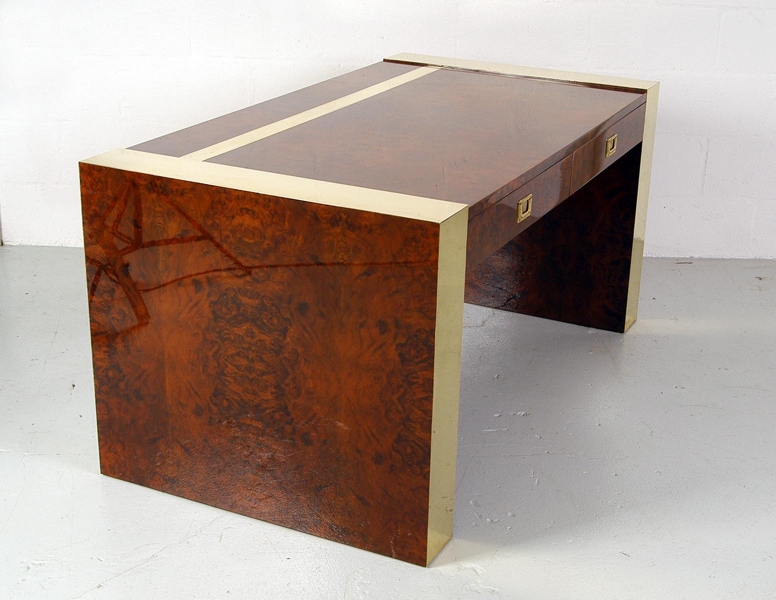 1970s Freestanding Brass and Lacquered Burr Walnut Desk by Jean Claude Mahey 8