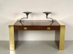 1970s Freestanding Brass and Lacquered Burr Walnut Desk by Jean Claude Mahey