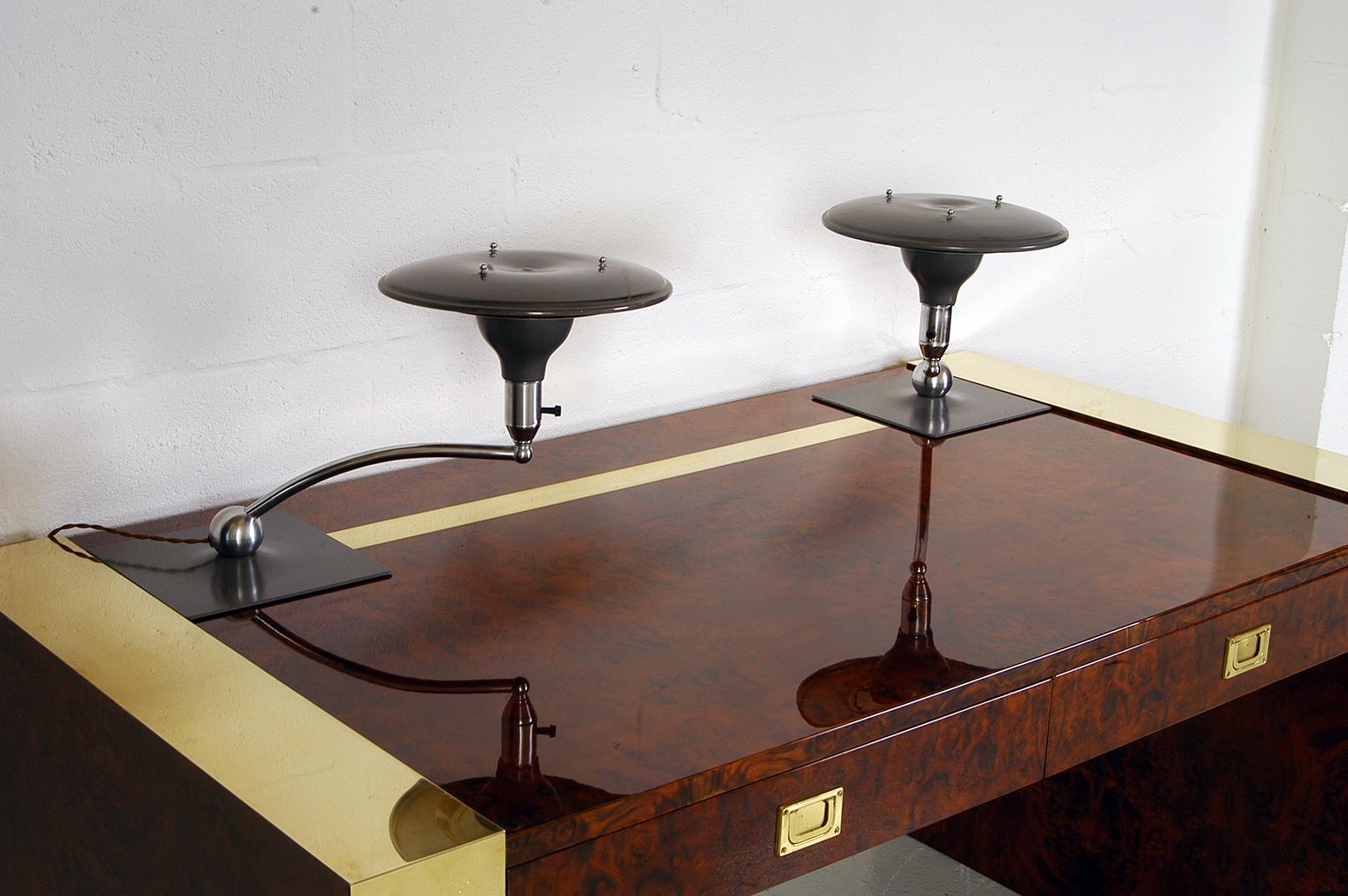 Modern 1970s Freestanding Brass and Lacquered Burr Walnut Desk by Jean Claude Mahey