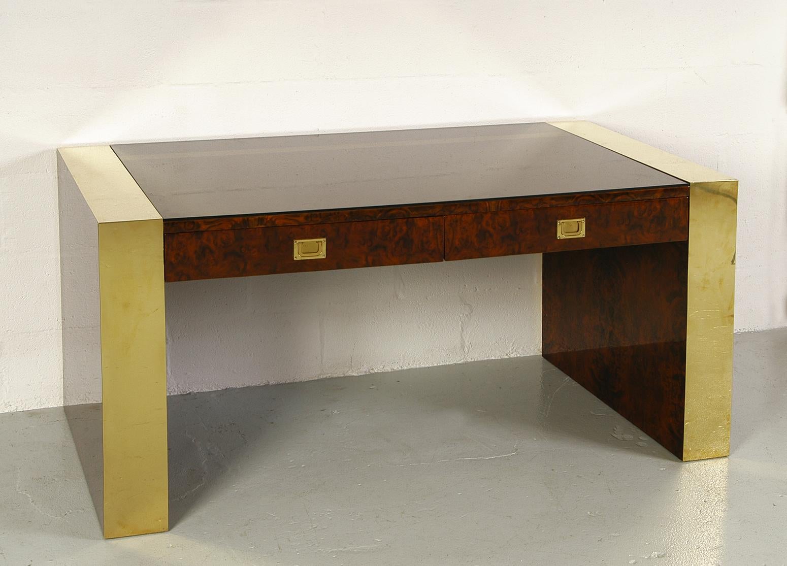 French 1970s Freestanding Brass and Lacquered Burr Walnut Desk by Jean Claude Mahey
