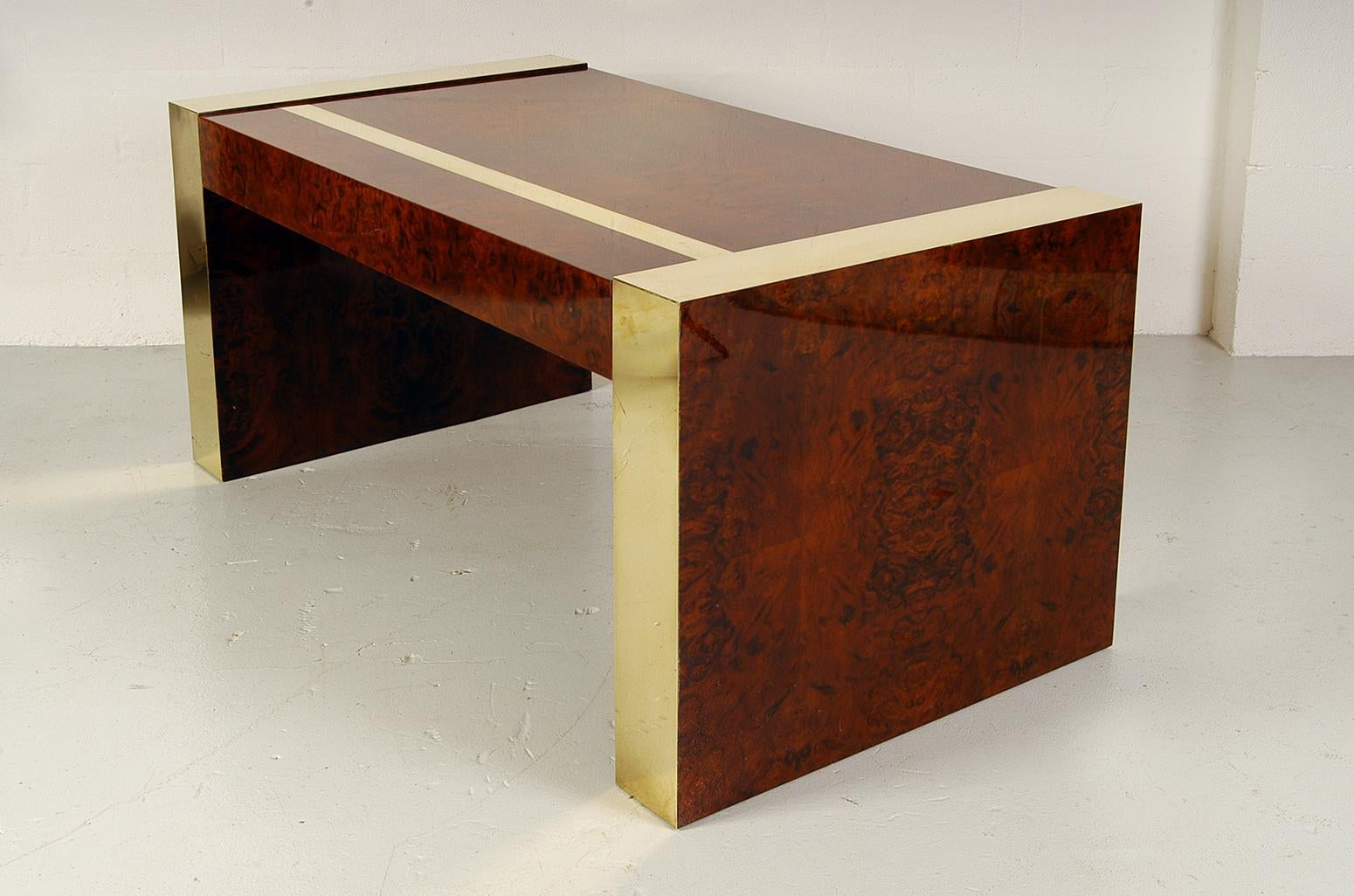 20th Century 1970s Freestanding Brass and Lacquered Burr Walnut Desk by Jean Claude Mahey