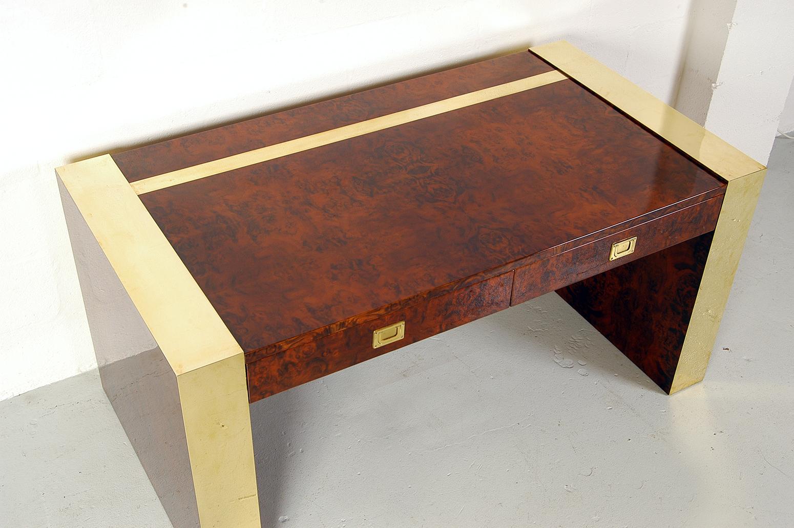 1970s Freestanding Brass and Lacquered Burr Walnut Desk by Jean Claude Mahey 1