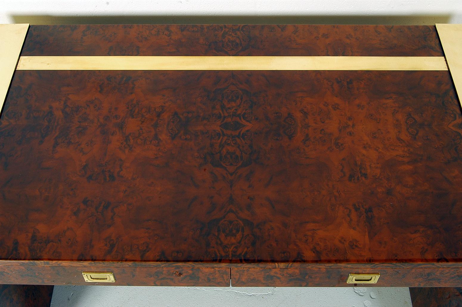 1970s Freestanding Brass and Lacquered Burr Walnut Desk by Jean Claude Mahey 2