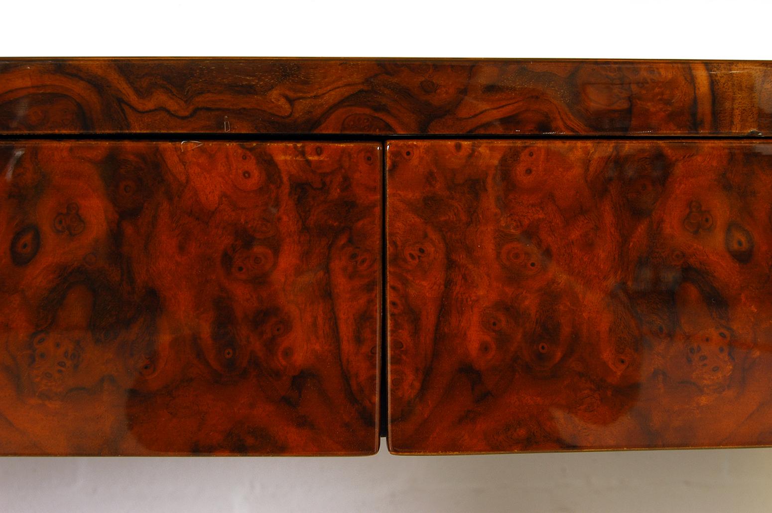 1970s Freestanding Brass and Lacquered Burr Walnut Desk by Jean Claude Mahey 3