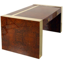 1970s Freestanding Brass and Lacquered Burr Walnut Desk by Jean Claude Mahey