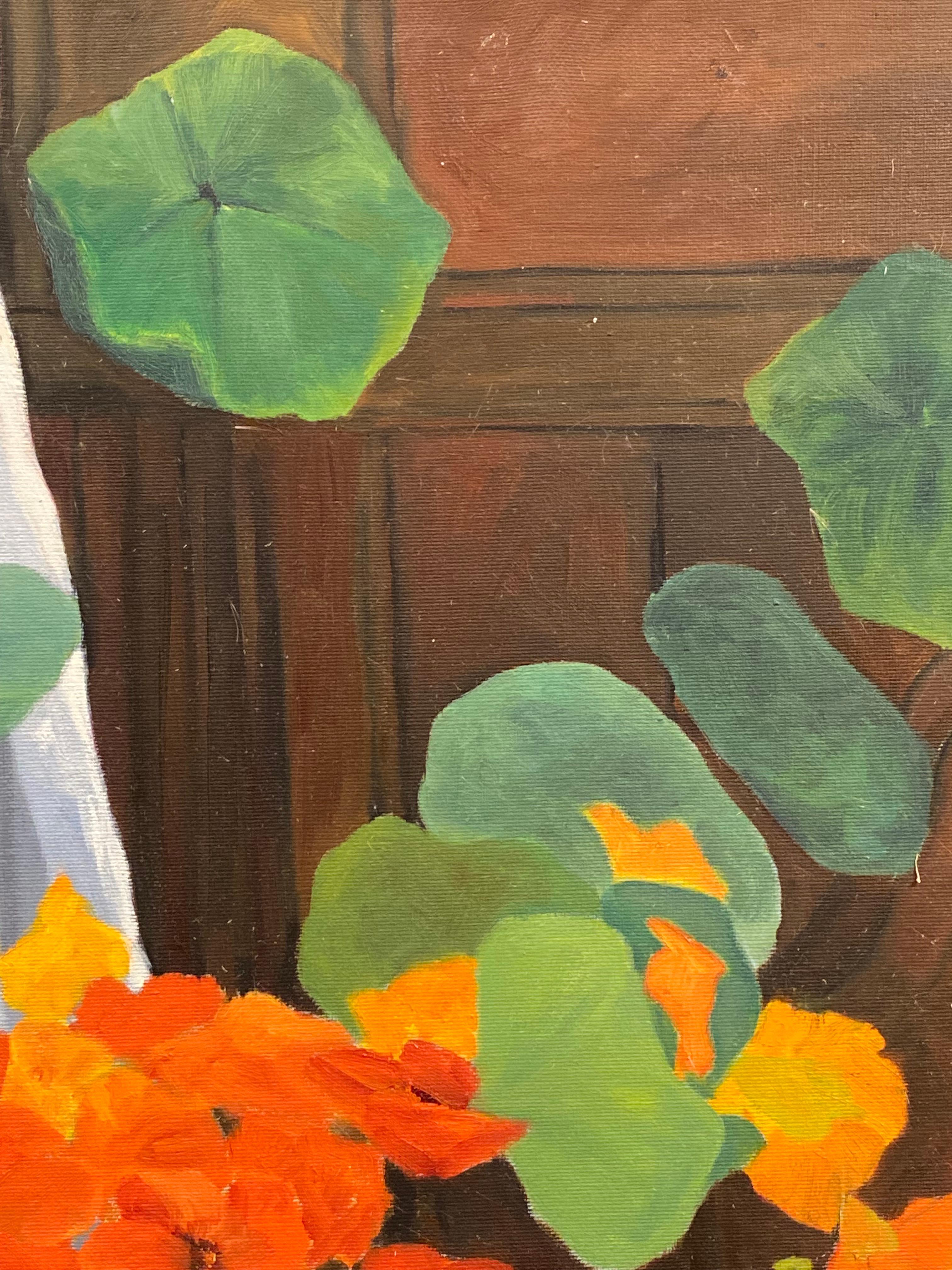 Orange & Green Flowers & Plants Interior Scene French Oil Painting - Brown Interior Painting by 1970's French
