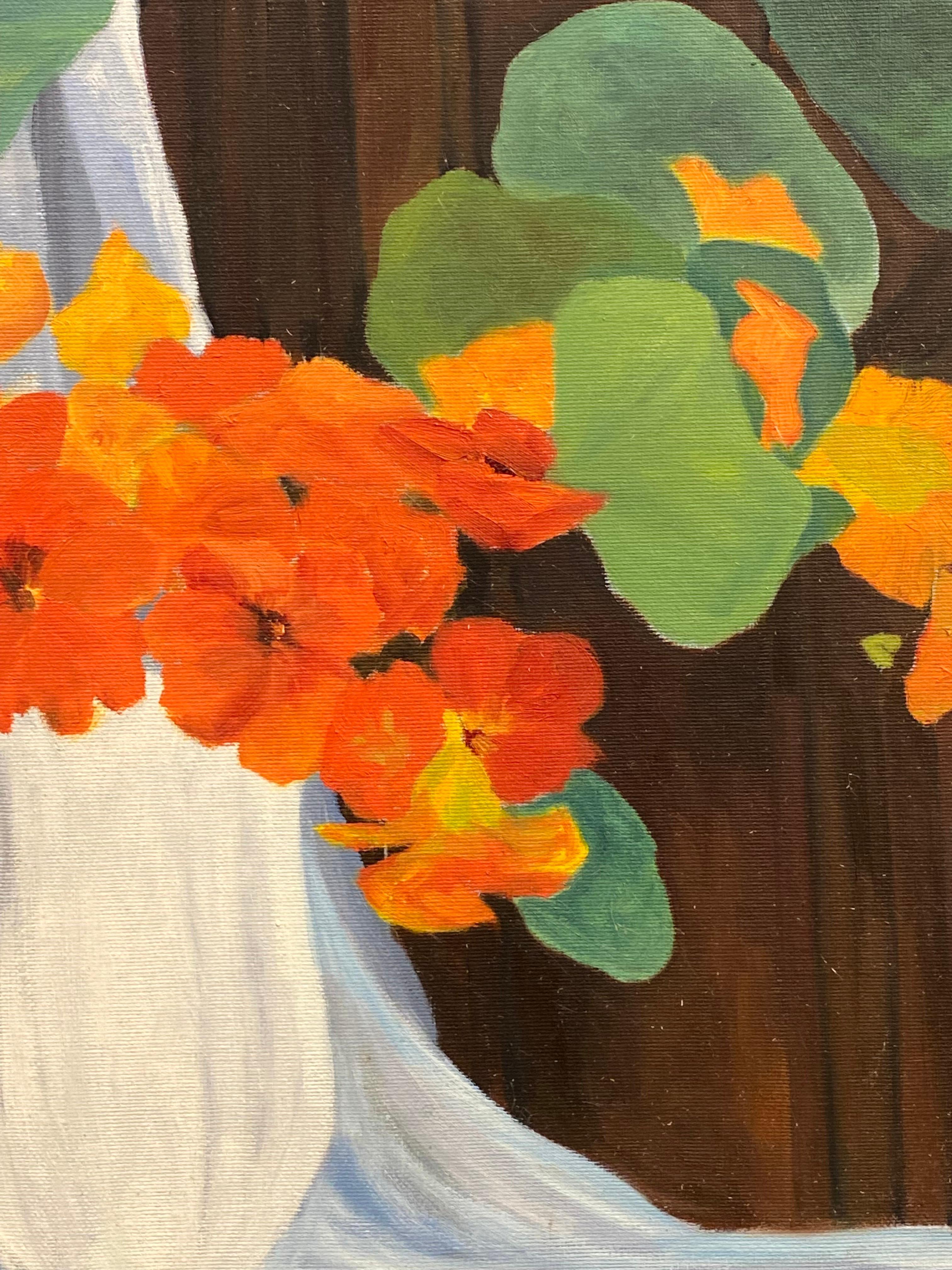 Artist/ School: French School, circa 1970's

Title: Orange Flowers and green plant within an interior setting

Medium: oil painting on canvas, unframed 

canvas: 24 x 20 inches

Provenance: private collection, France

Condition: The painting is in