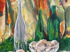 Large 1970's French Still Life Oil Painting Green Bottles Interior Scene