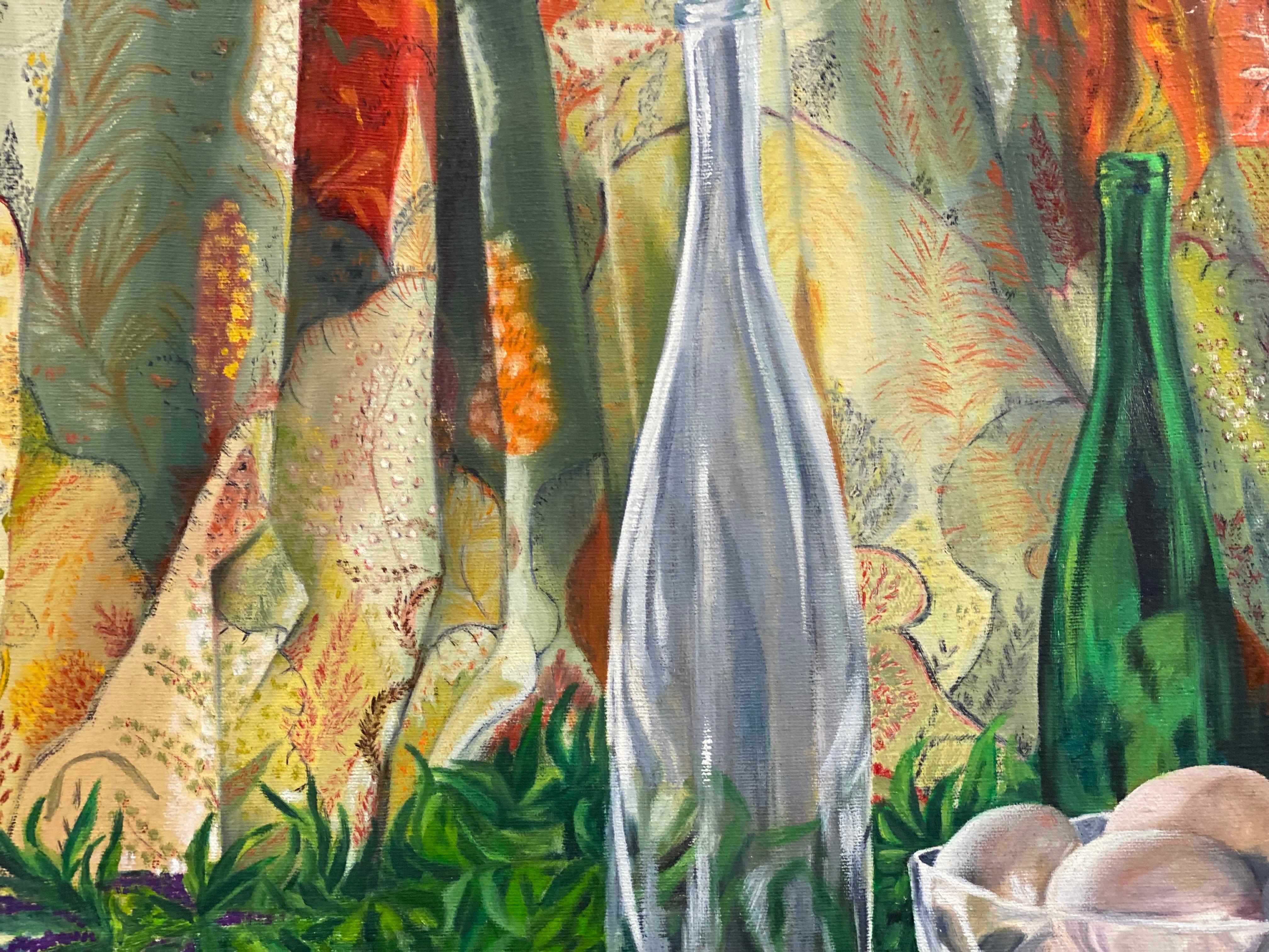 Großes französisches Stillleben aus den 1970er Jahren, Ölgemälde mit grünen Flaschen, Innenszene (Braun), Still-Life Painting, von 1970's French 