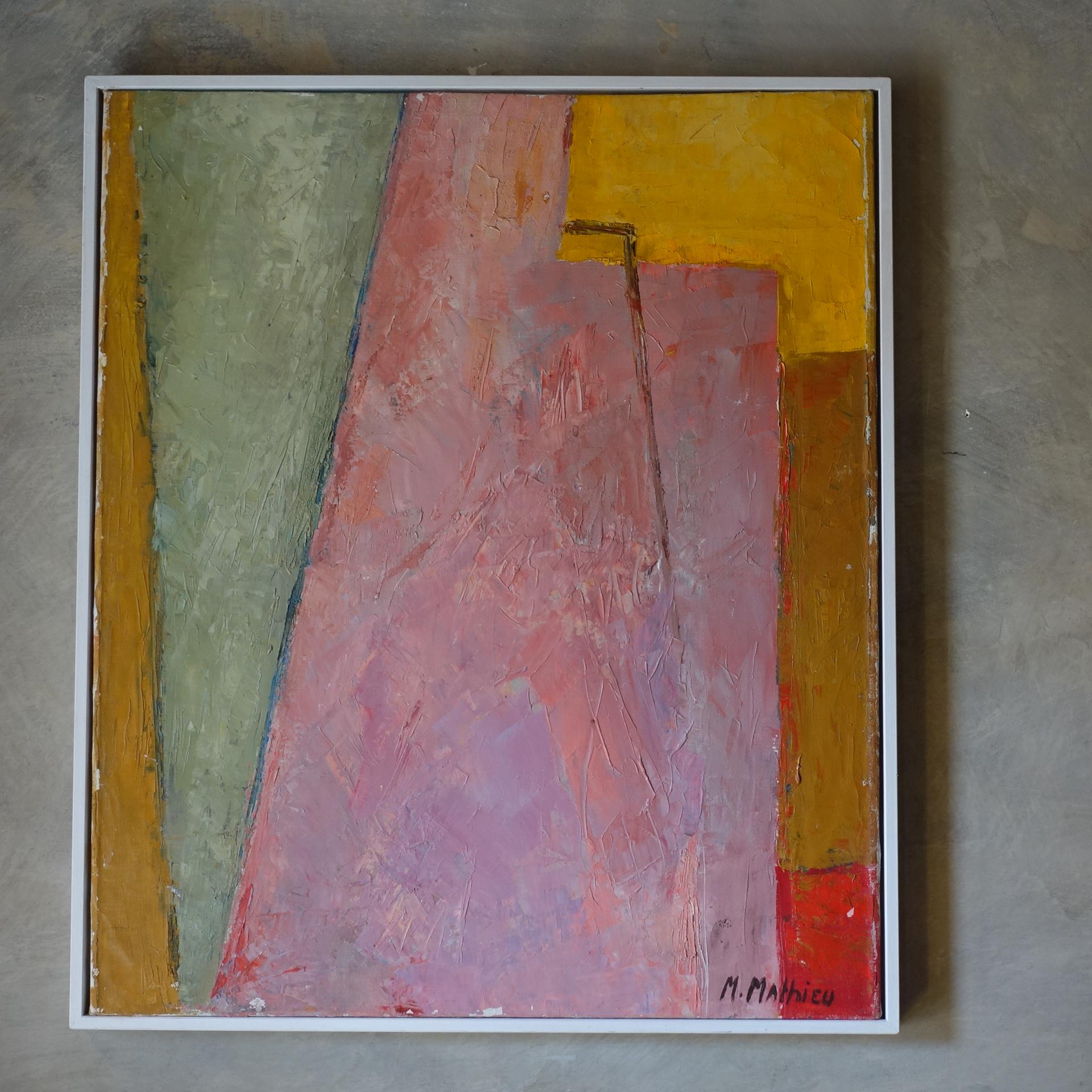 1970s French abstract painting, colored acrylics on canvas, white wood frame Signed M.Mathieu.