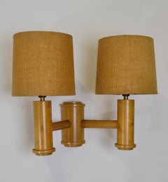 1970s French Beechwood Double Wall Sconces, Set of Three with Shades