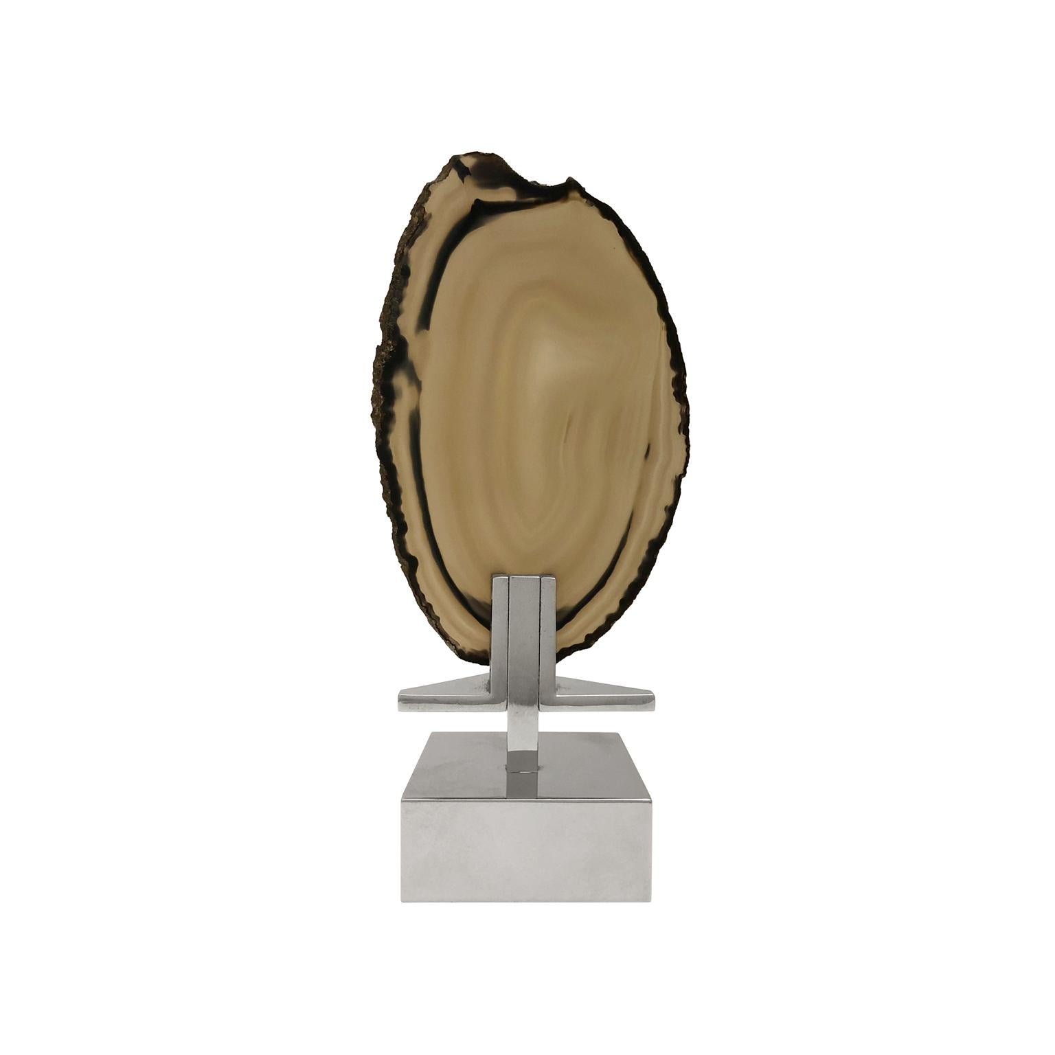 1970s French Black and Tan Agate Slice on Custom Chrome Base In Good Condition In New York, NY