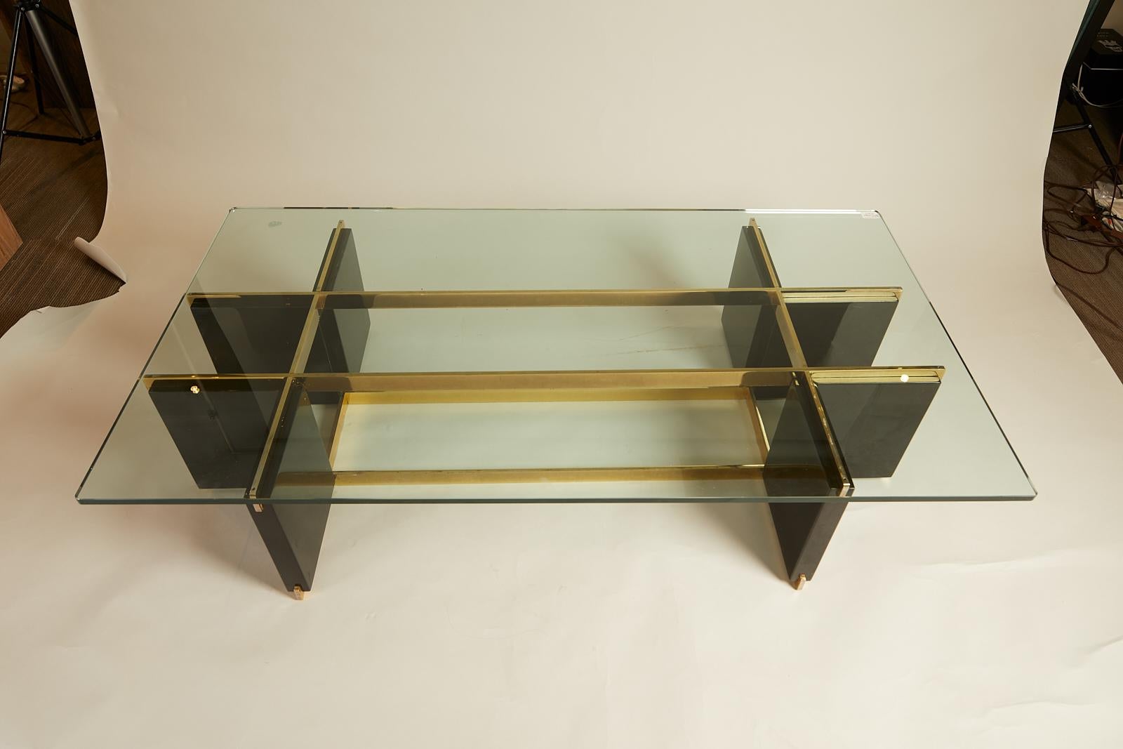 1970s French black lacquer brass and glass cocktail table.