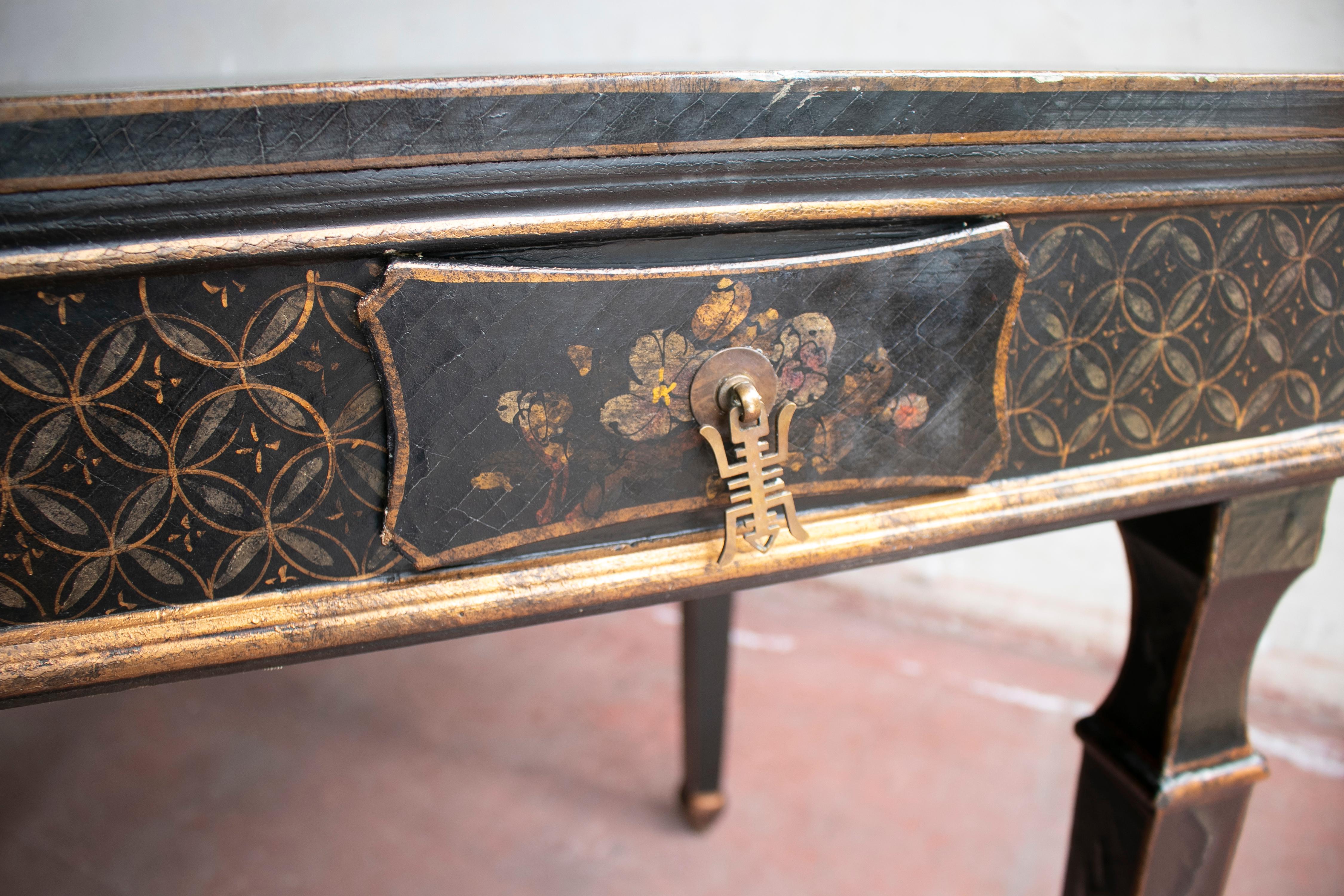 1970s French Black Lacquered One Drawer Table w/ Hand Painted Decorations 5