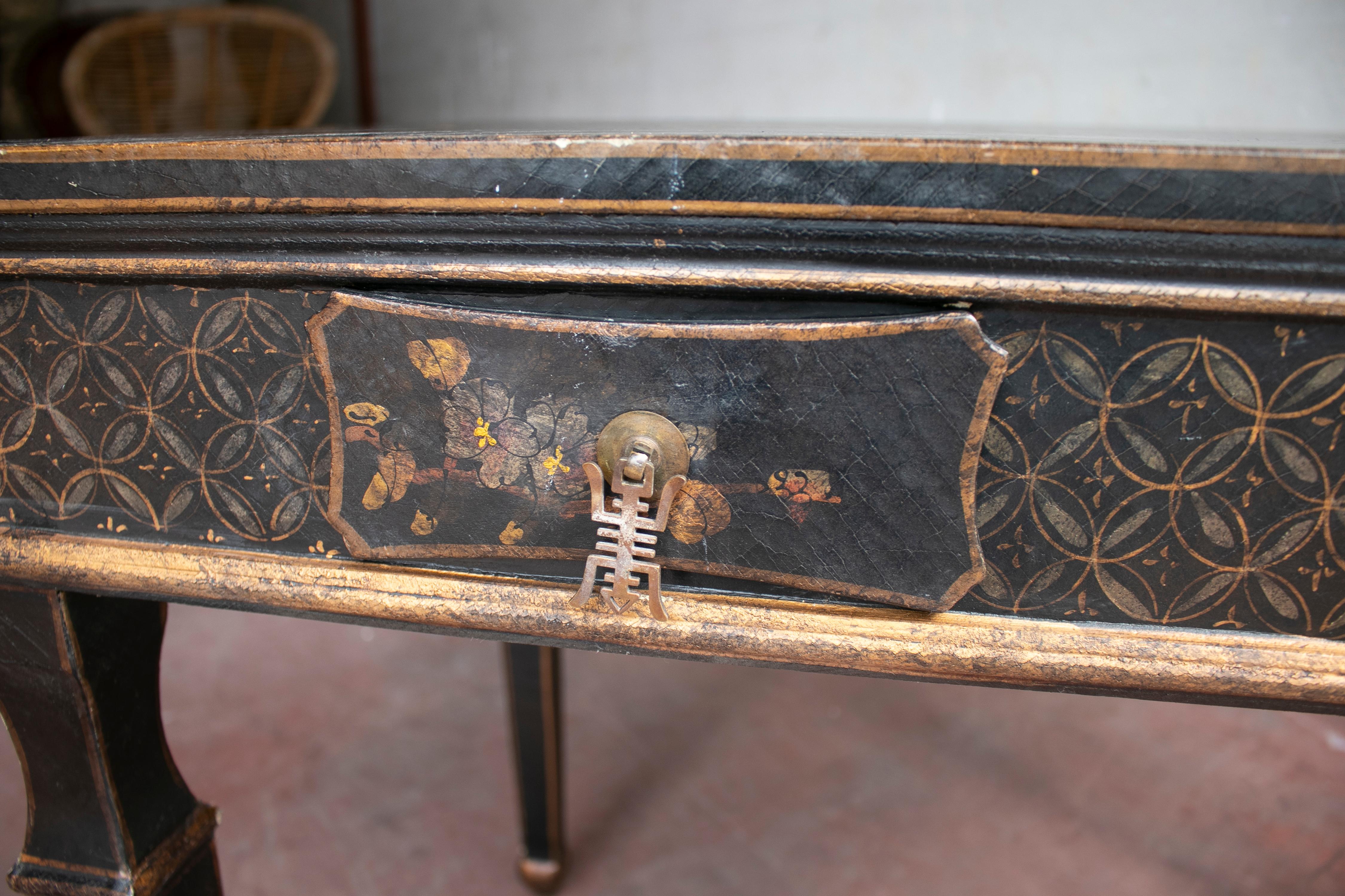 1970s French Black Lacquered One Drawer Table w/ Hand Painted Decorations 6