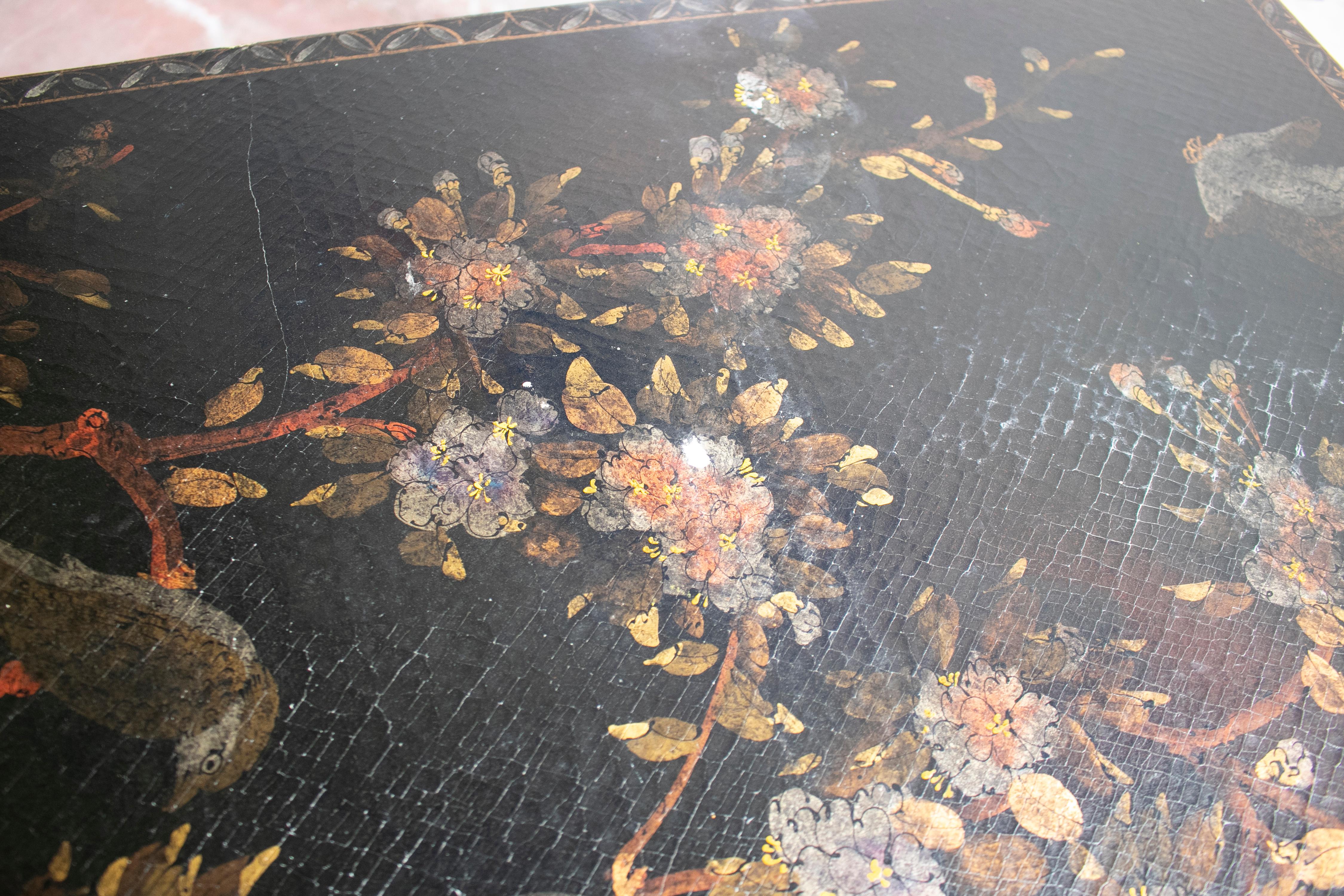 1970s French Black Lacquered One Drawer Table w/ Hand Painted Decorations 8