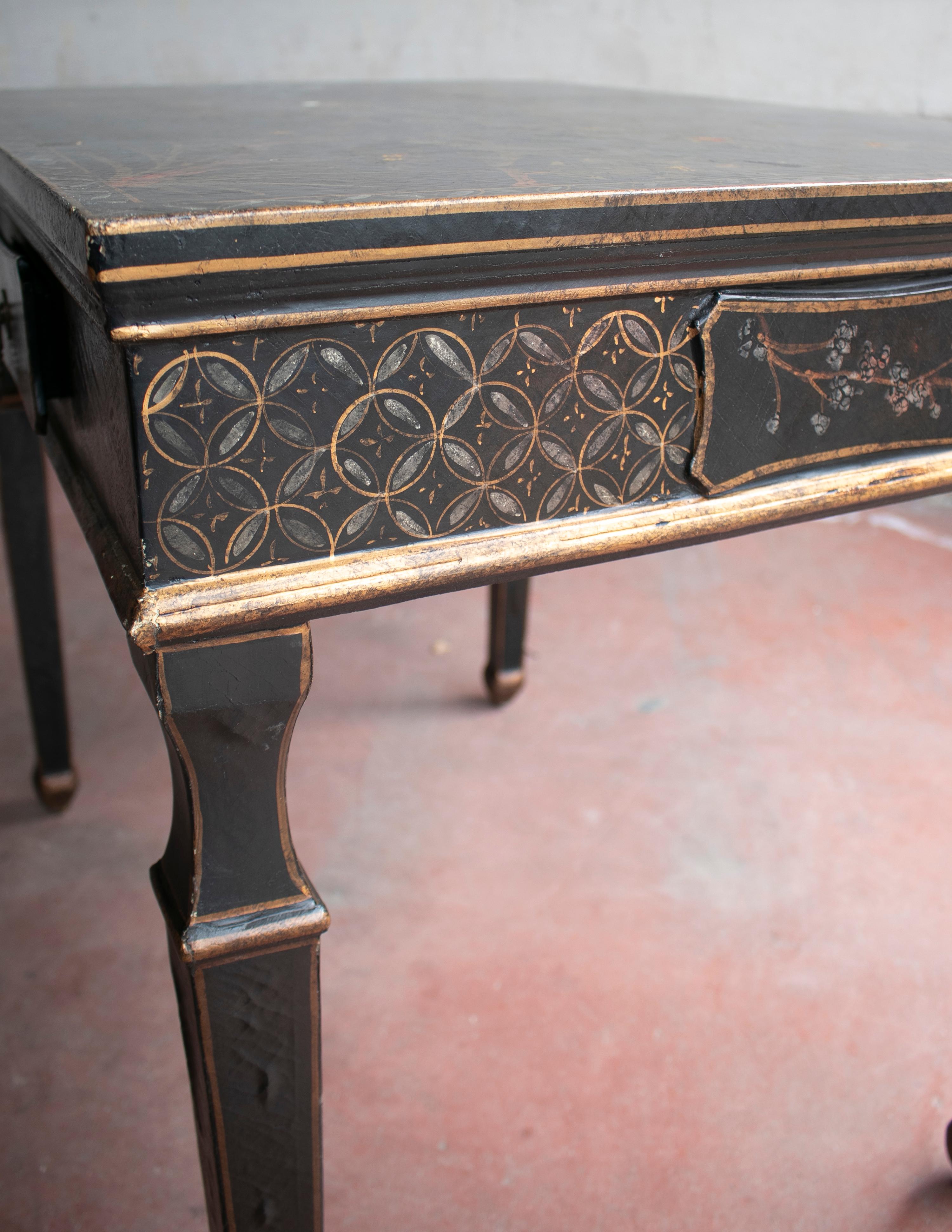 1970s French Black Lacquered One Drawer Table w/ Hand Painted Decorations 12