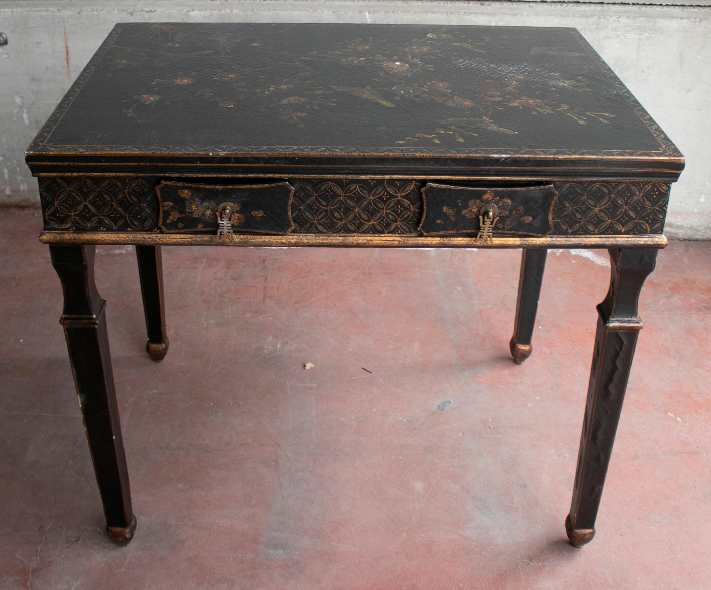 Late 20th Century 1970s French Black Lacquered One Drawer Table w/ Hand Painted Decorations