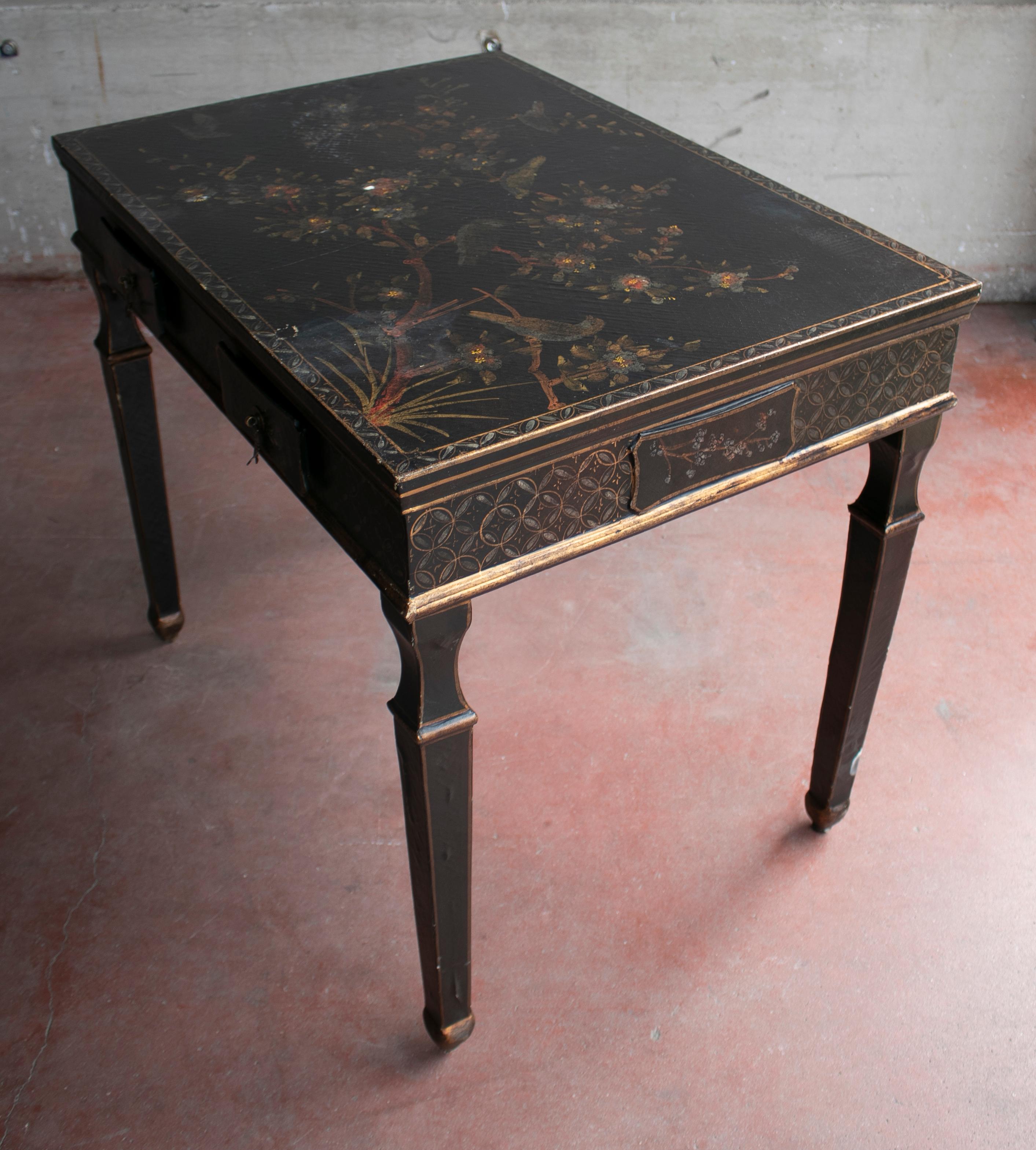 1970s French Black Lacquered One Drawer Table w/ Hand Painted Decorations 1