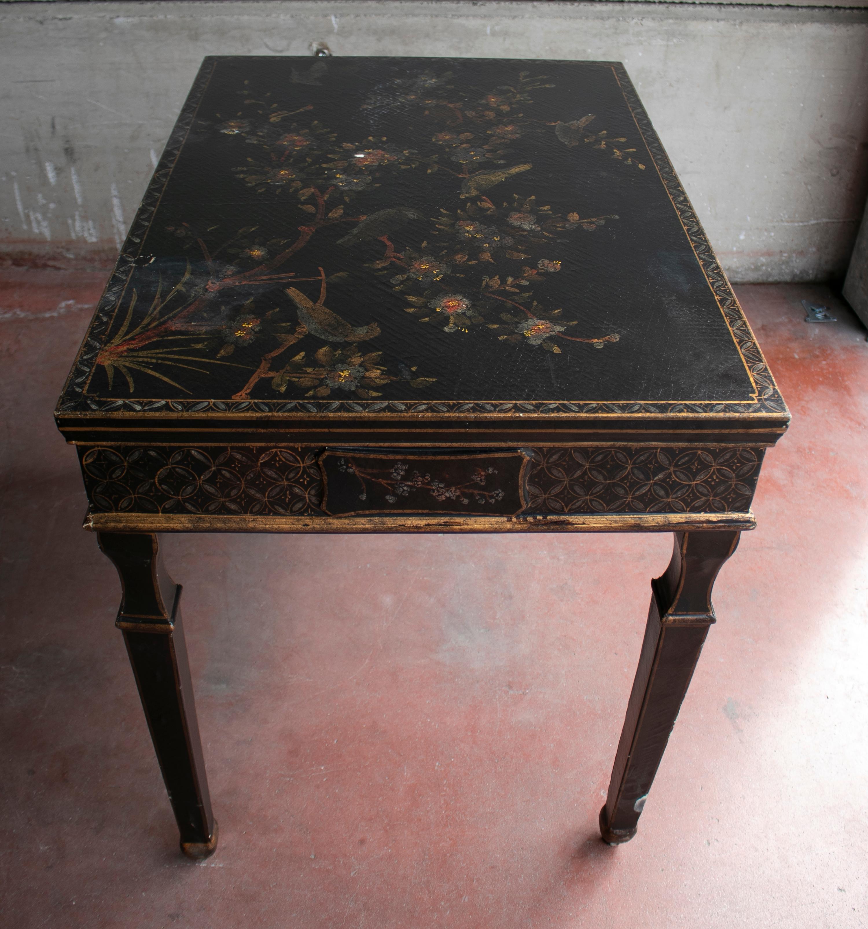 1970s French Black Lacquered One Drawer Table w/ Hand Painted Decorations 2
