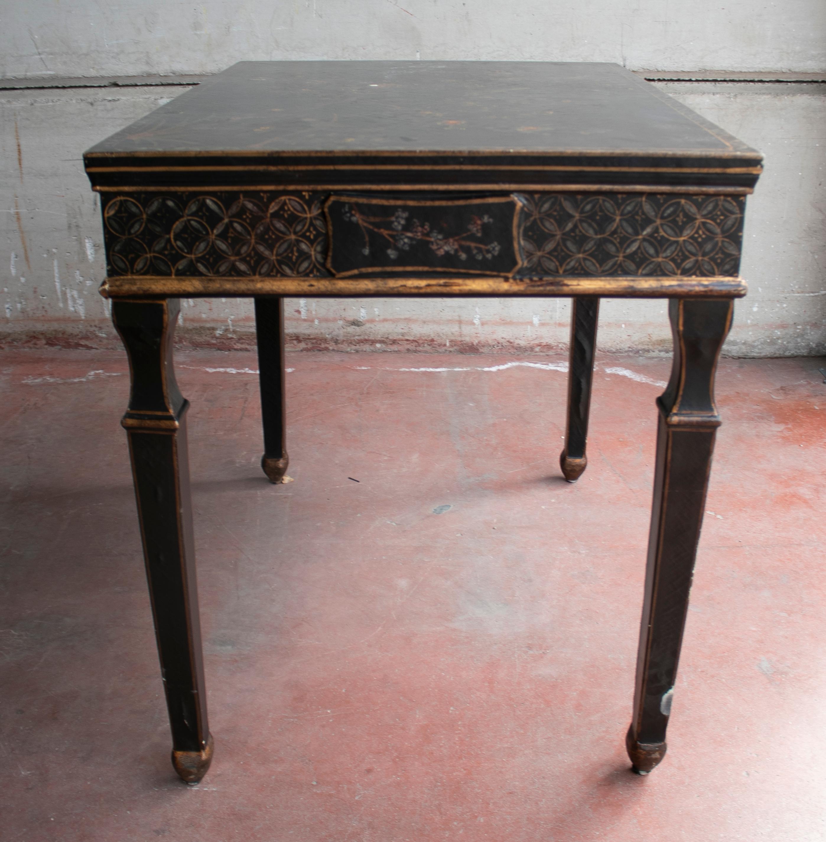 1970s French Black Lacquered One Drawer Table w/ Hand Painted Decorations 3