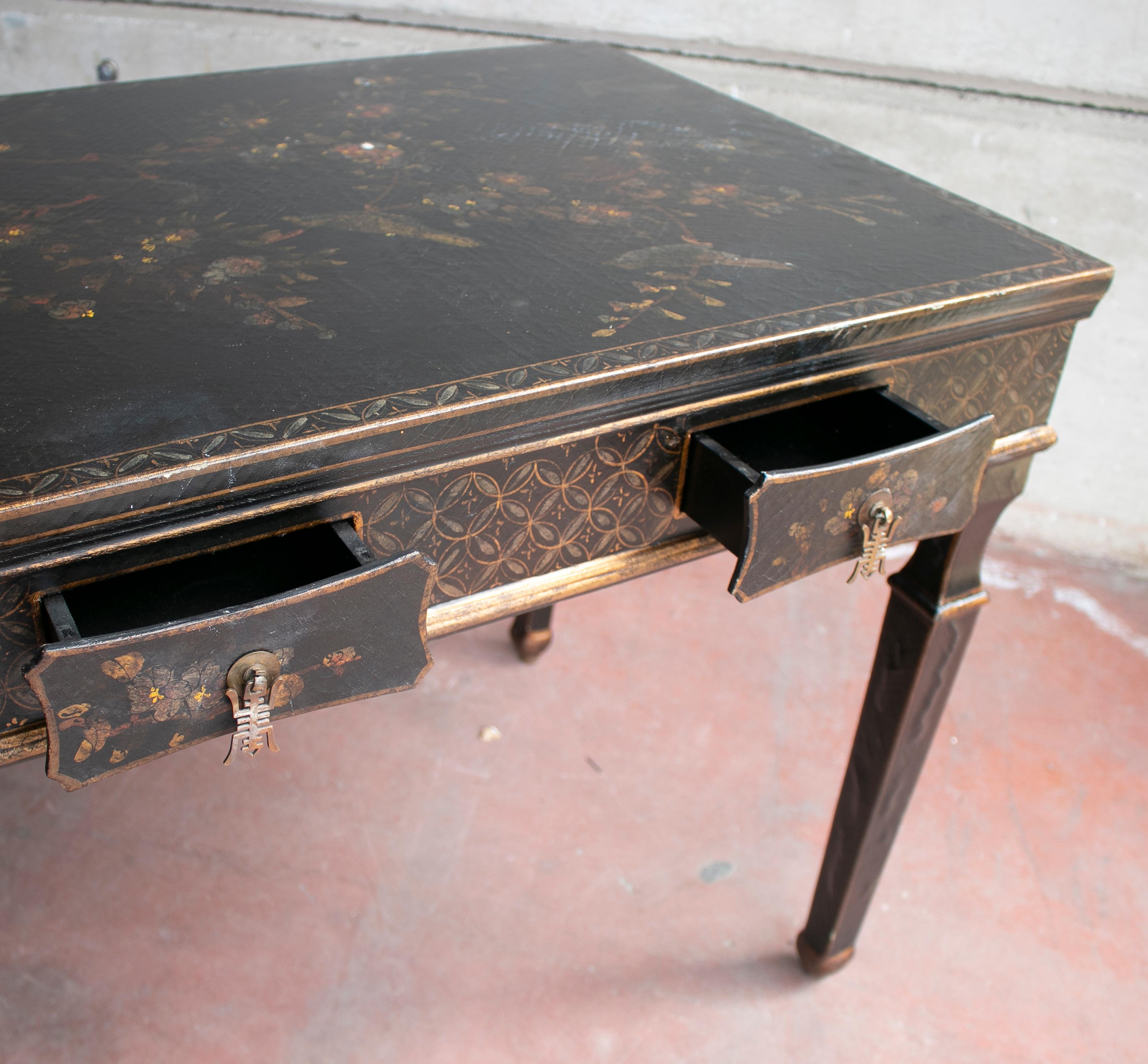 1970s French Black Lacquered One Drawer Table w/ Hand Painted Decorations 4
