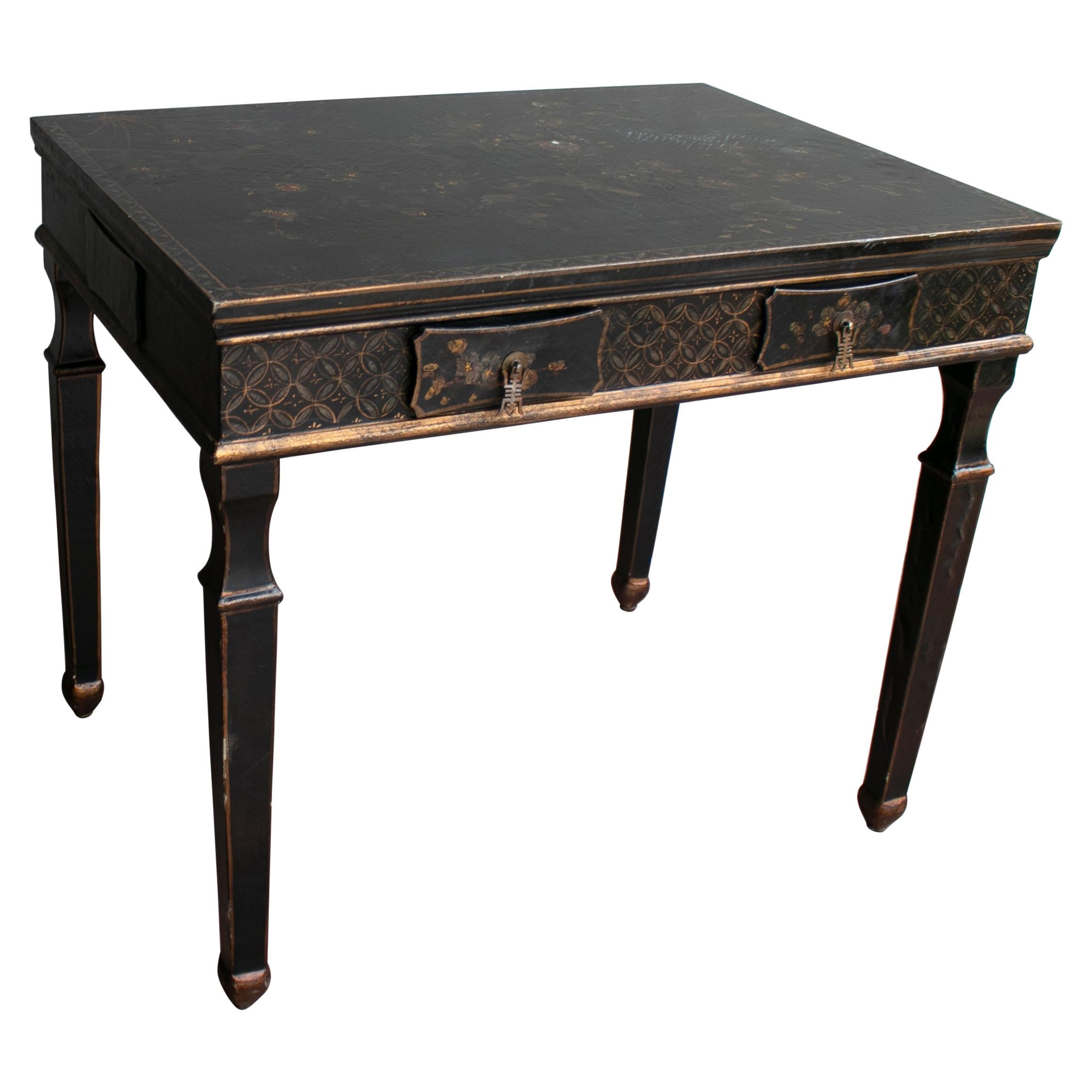 1970s French Black Lacquered One Drawer Table w/ Hand Painted Decorations