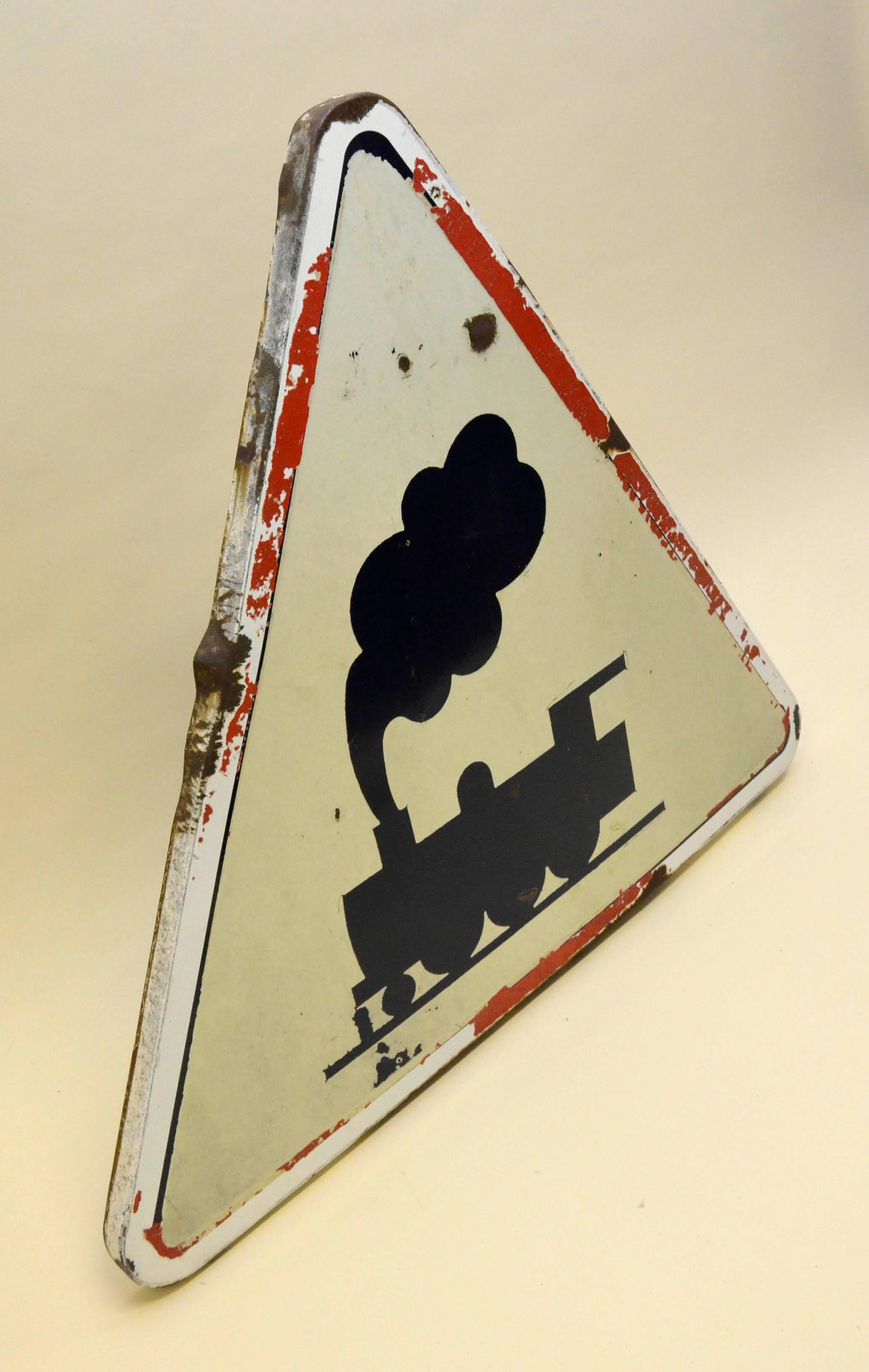 French black, red and white triangle metal railway level crossing street sign made in 1976.
Signed: 