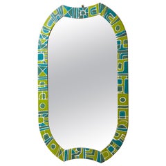 1970s French Blue and Green Enamel Framed Mirror