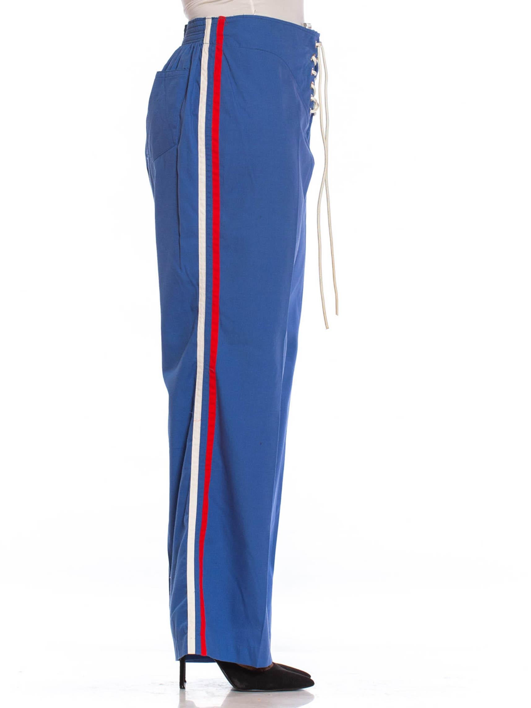 1970S French Blue Polyester Sexy Racing Stripe Lace Front Sports Pants In Excellent Condition In New York, NY