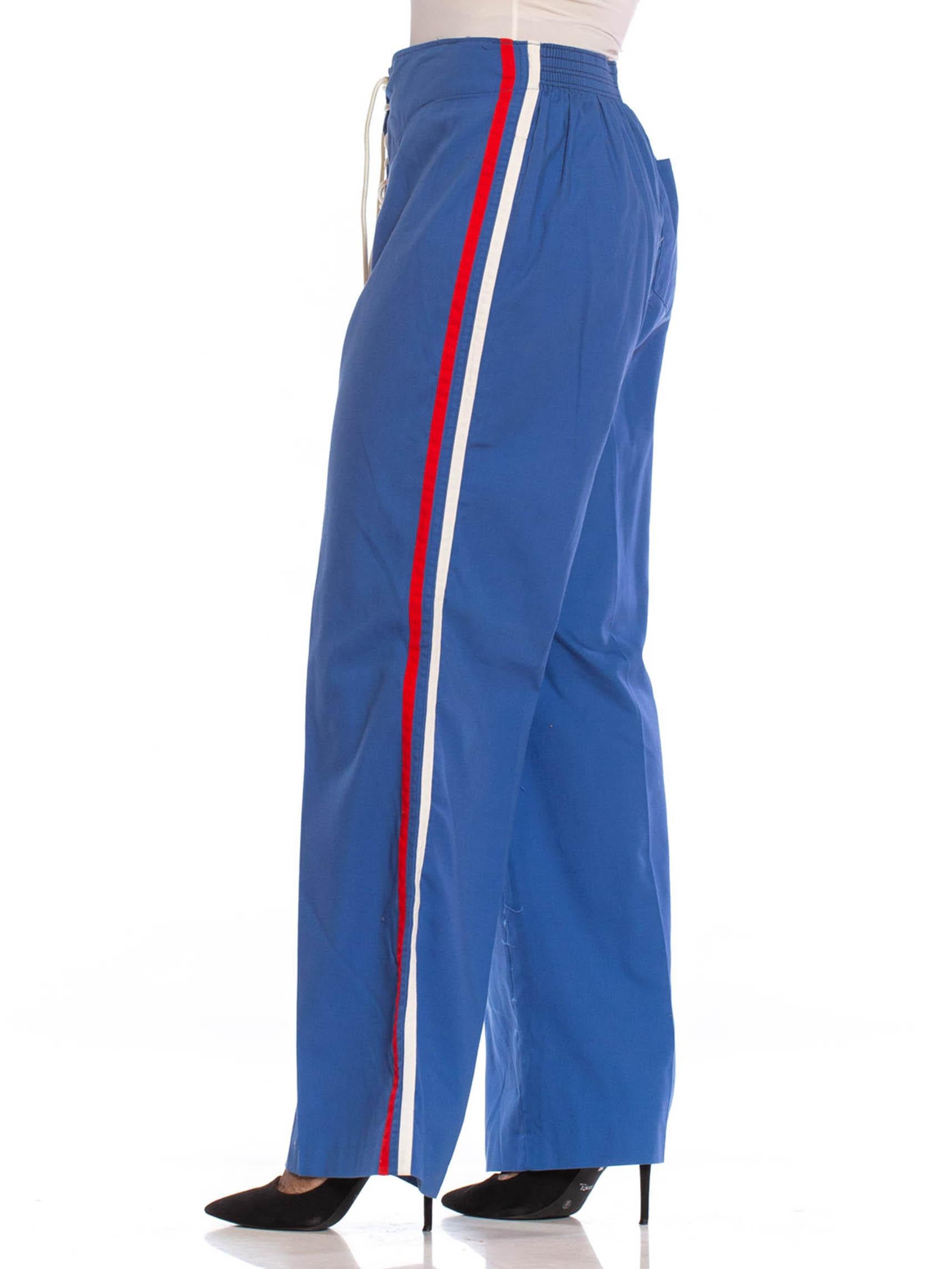 1970S French Blue Polyester Sexy Racing Stripe Lace Front Sports Pants 1