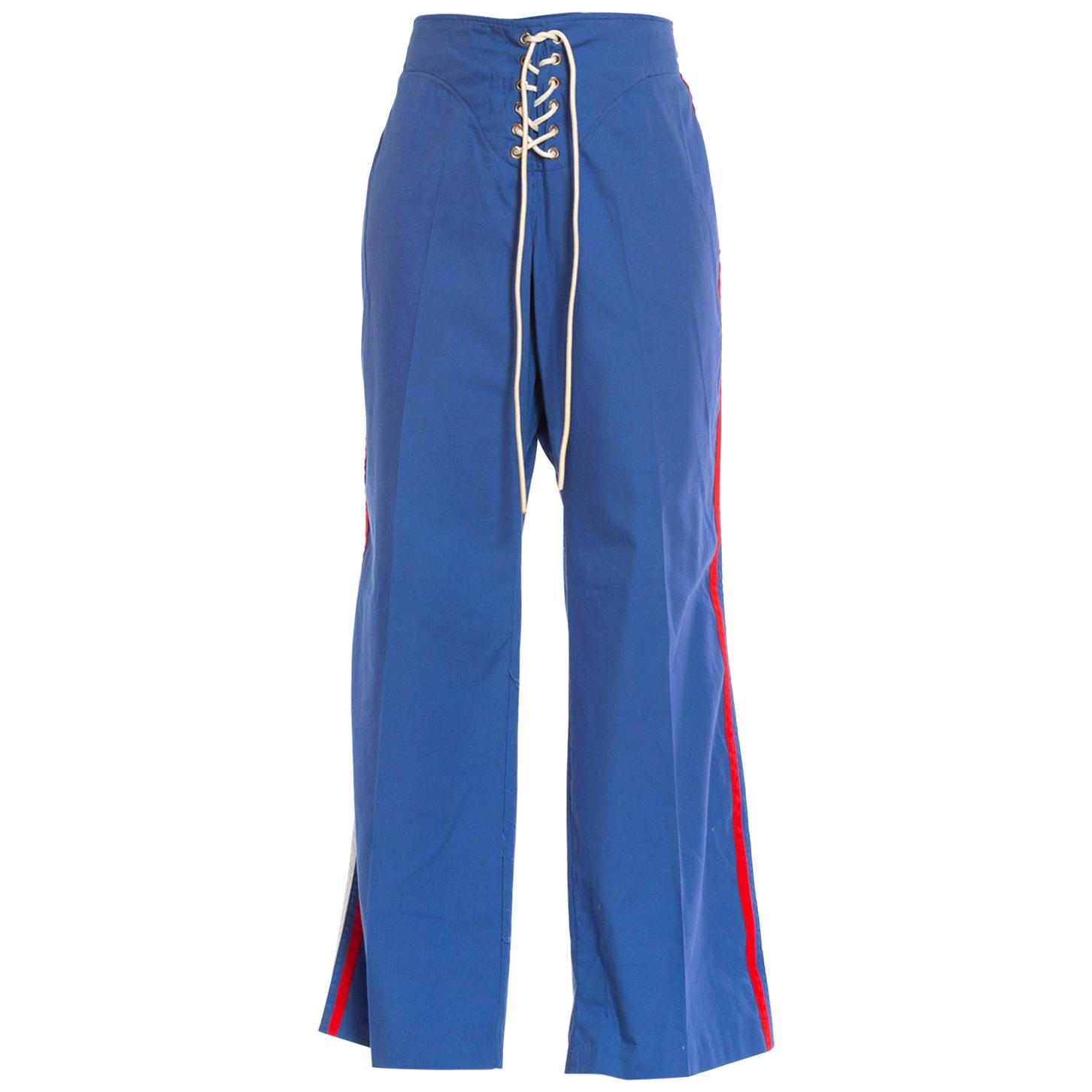 1970S French Blue Polyester Sexy Racing Stripe Lace Front Sports Pants